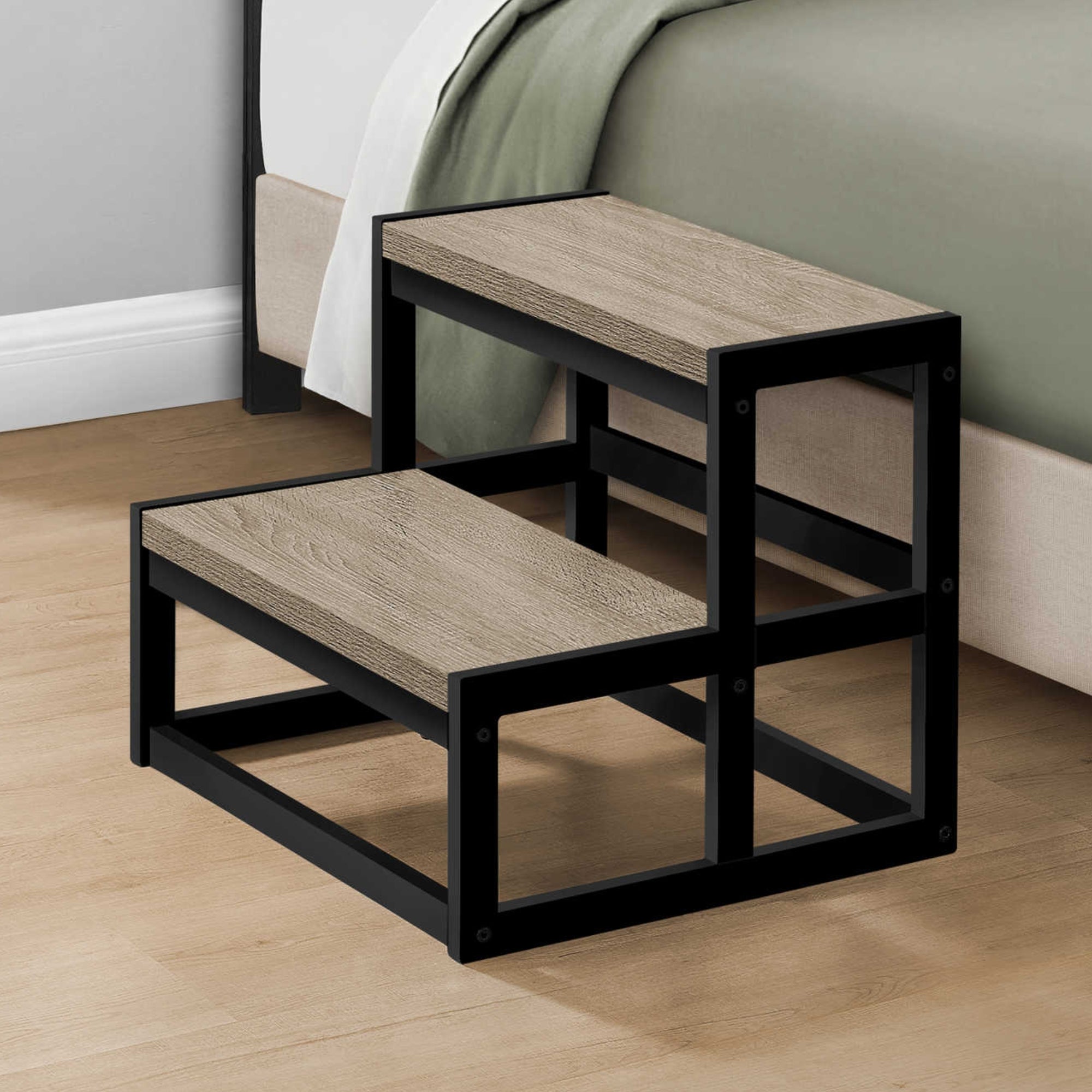 Modern Monarch Specialties 2-step stool ladder with sturdy metal frame and wooden steps, ideal for household use.