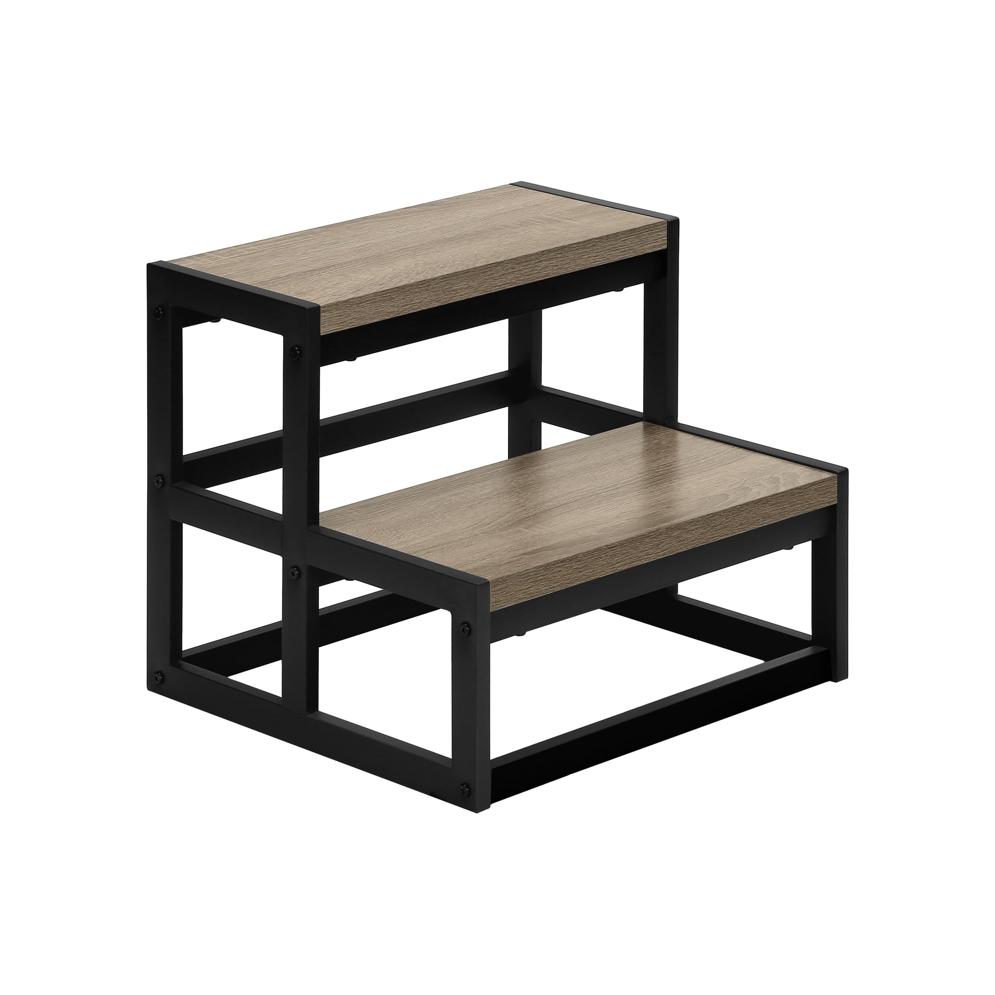 Modern Monarch Specialties 2-step stool ladder with sturdy metal frame and wooden steps, ideal for home or office use.