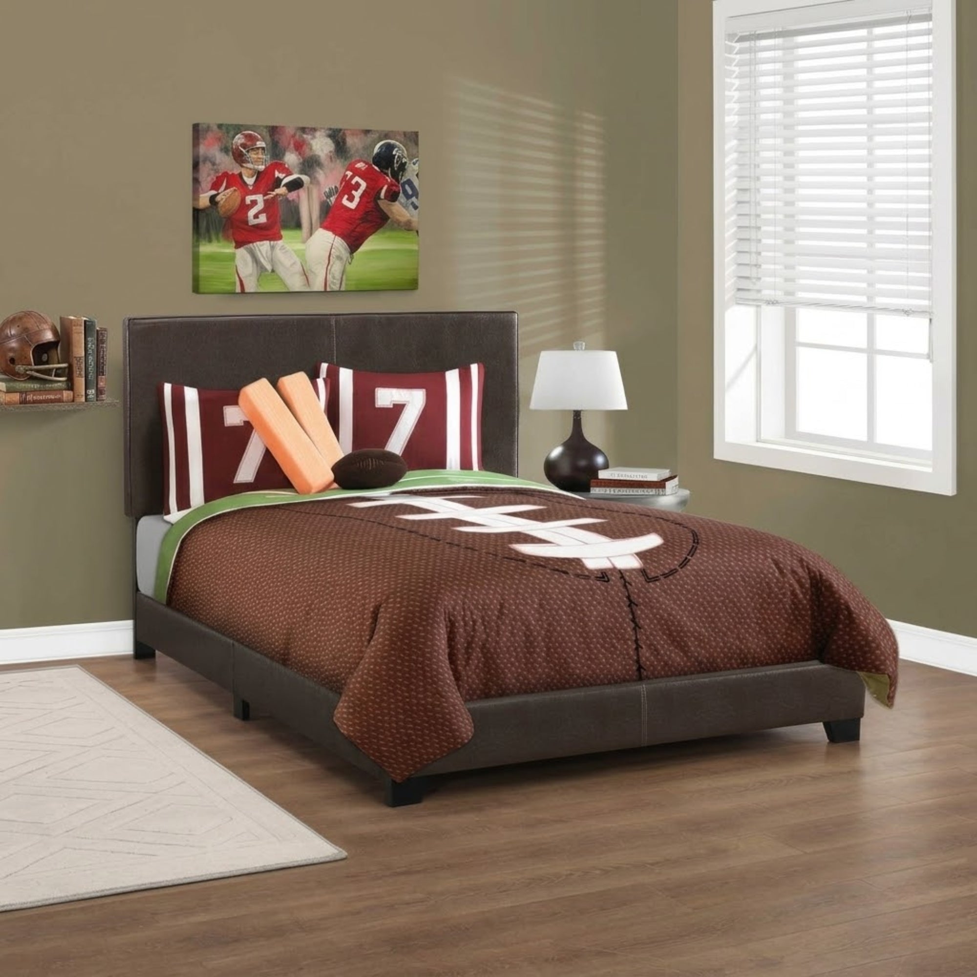 Dark brown leather-look full size bed with tufted headboard from Monarch Specialties, showcasing sleek, modern bedroom furniture.