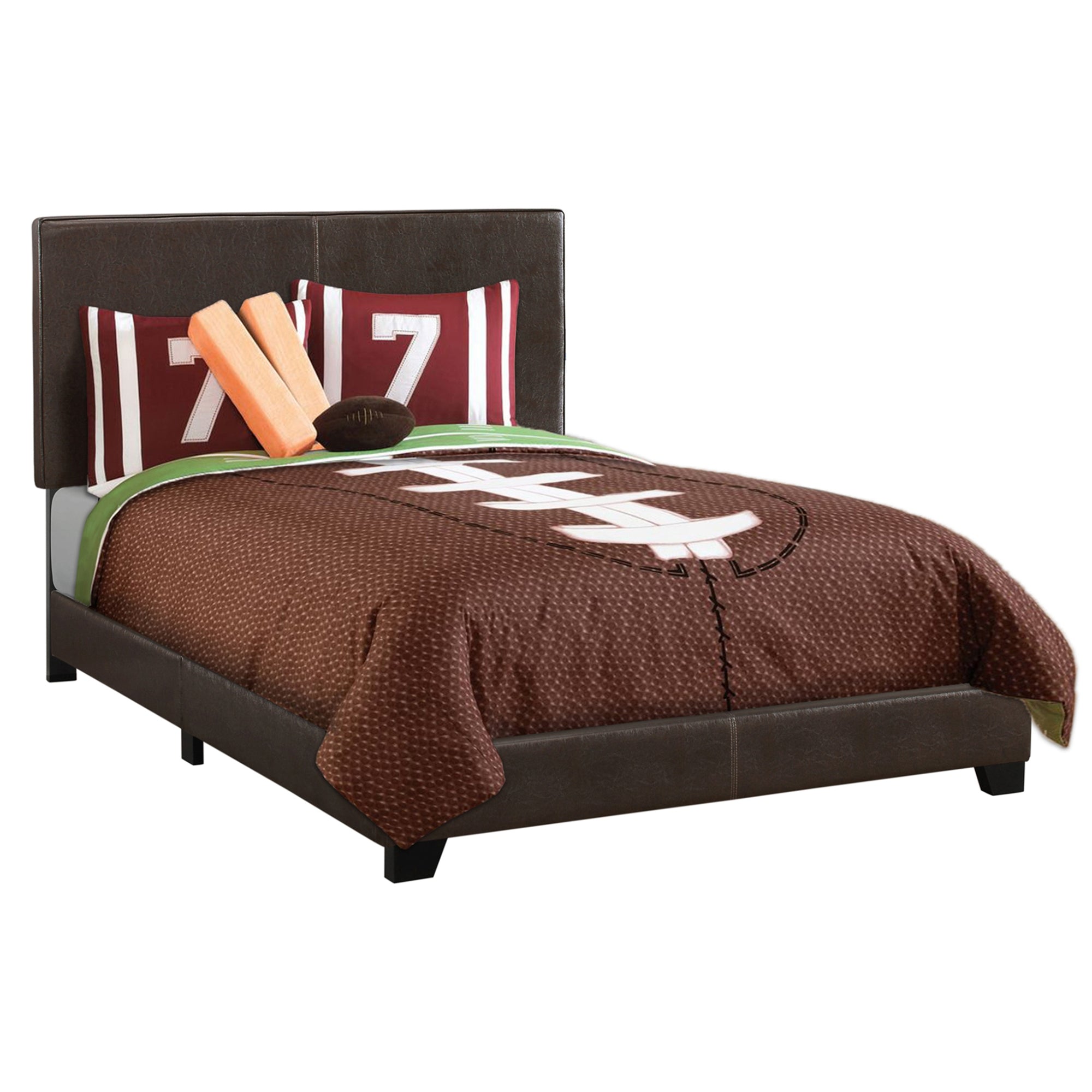 Dark brown leather-look full size bed by Monarch Specialties with a sleek, modern design and upholstered headboard.
