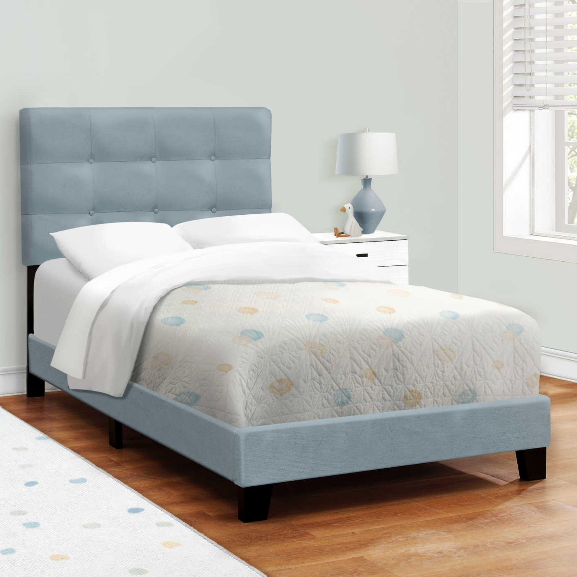 Blush Velvet Twin Platform Bed in Steel Blue