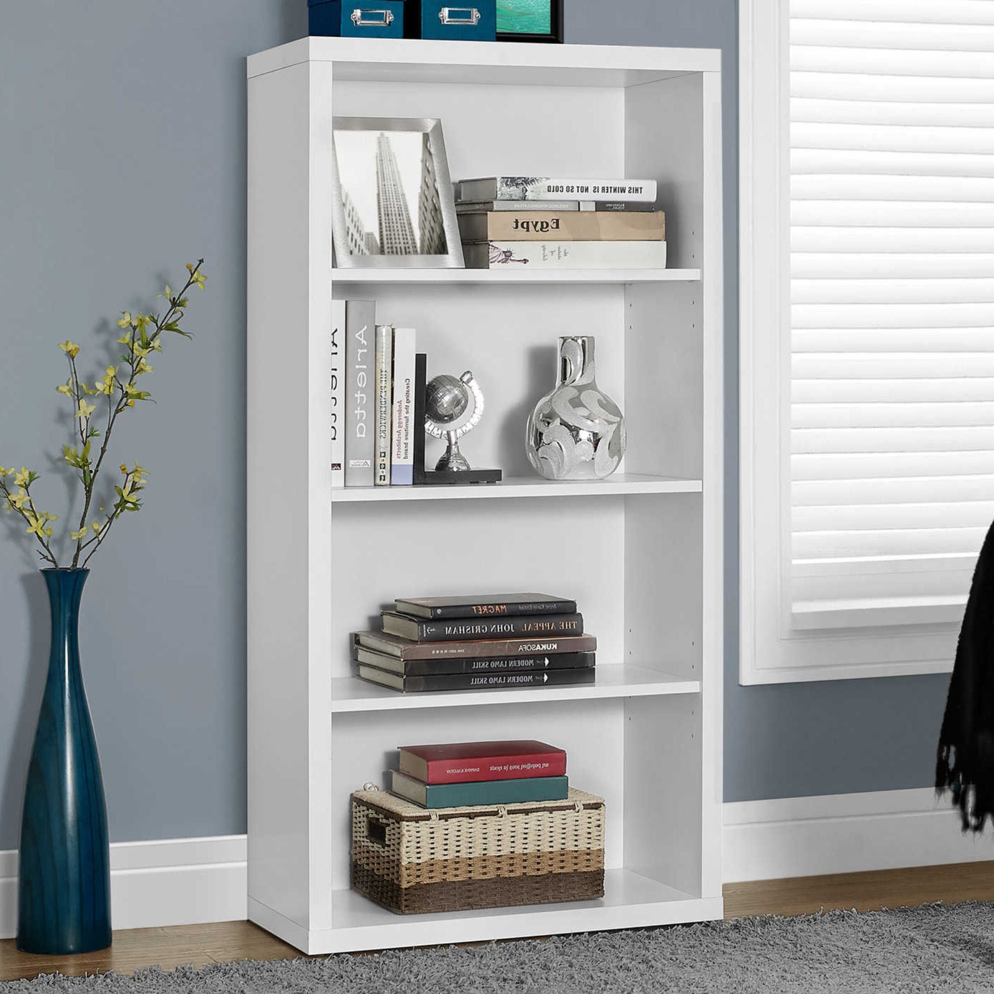 White Shelvara 48-inch bookcase with adjustable shelves by Monarch Specialties, showcasing a modern storage solution.