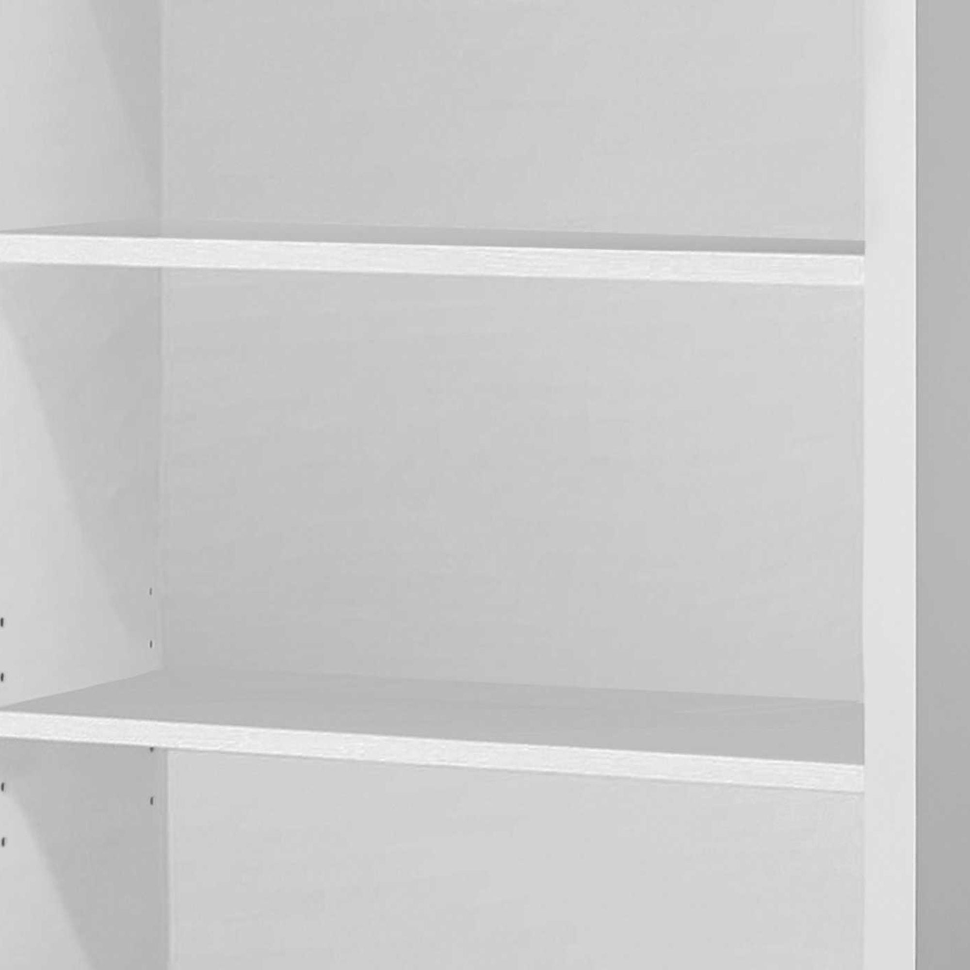 White Shelvara 48-inch bookcase with adjustable shelves by Monarch Specialties, showcasing multiple open shelves.
