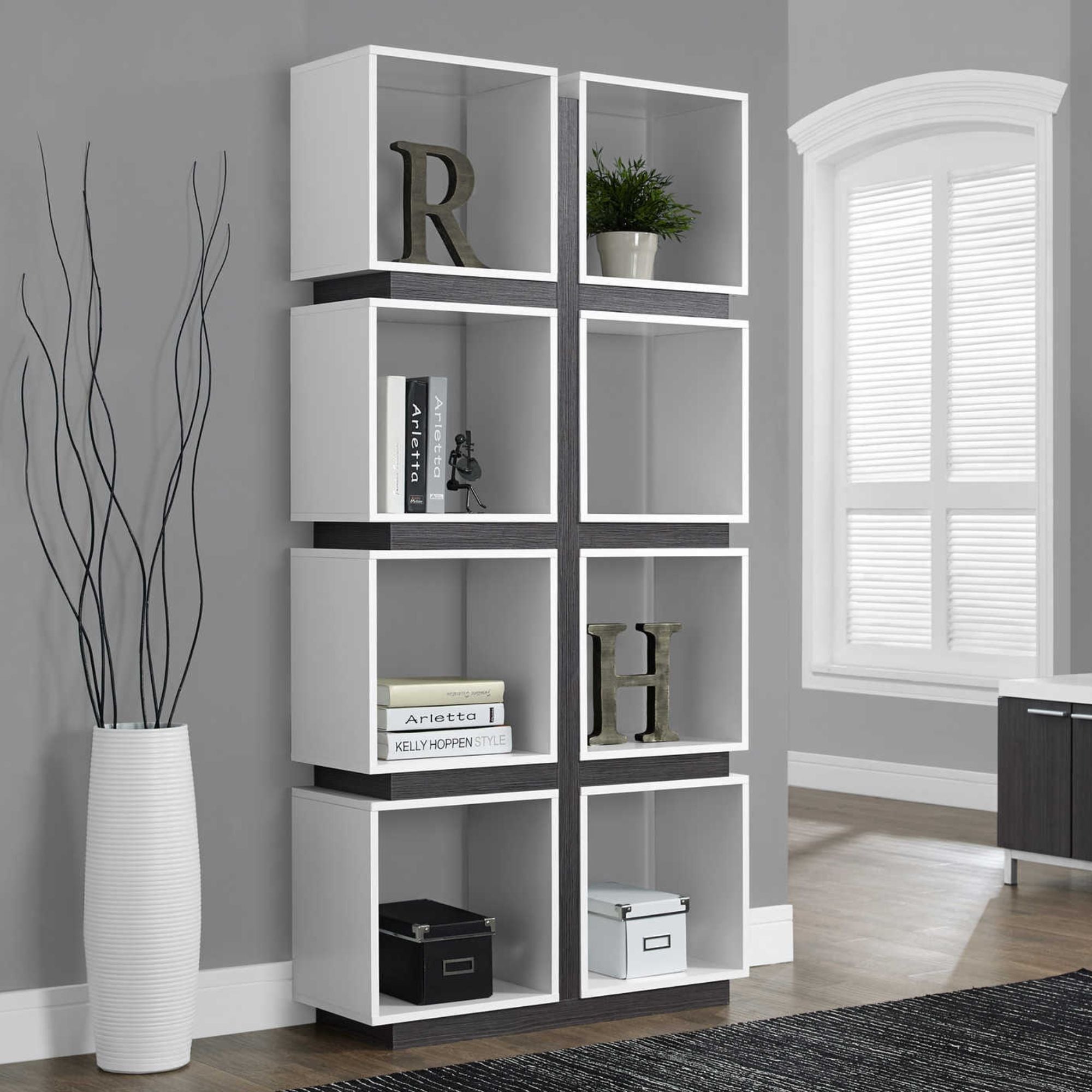 White and grey Monarch Specialties Luxfolio 71-inch bookcase with multiple shelves for storage and display.