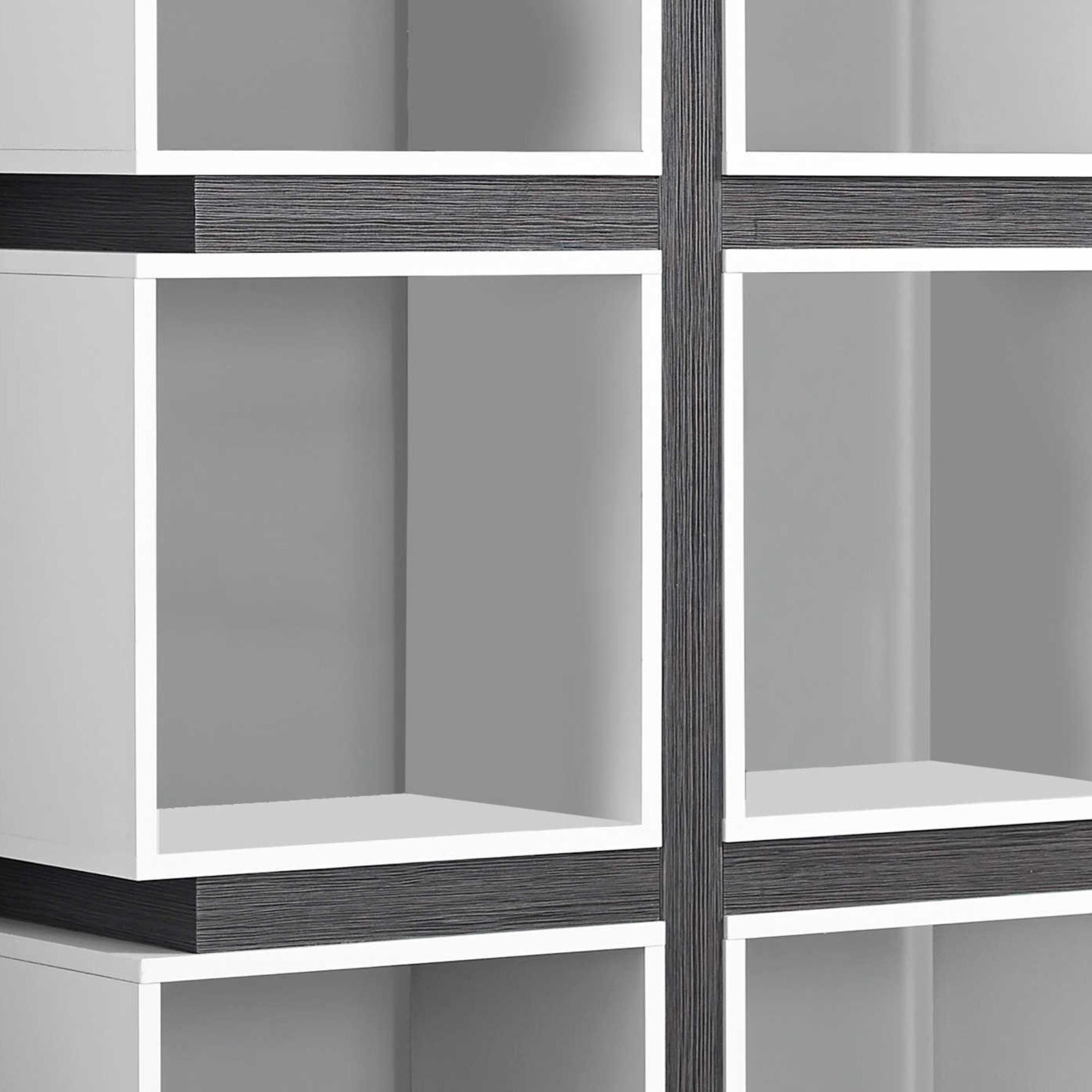 White and grey Monarch Specialties Luxfolio 71-inch bookcase with open shelves and modern design.