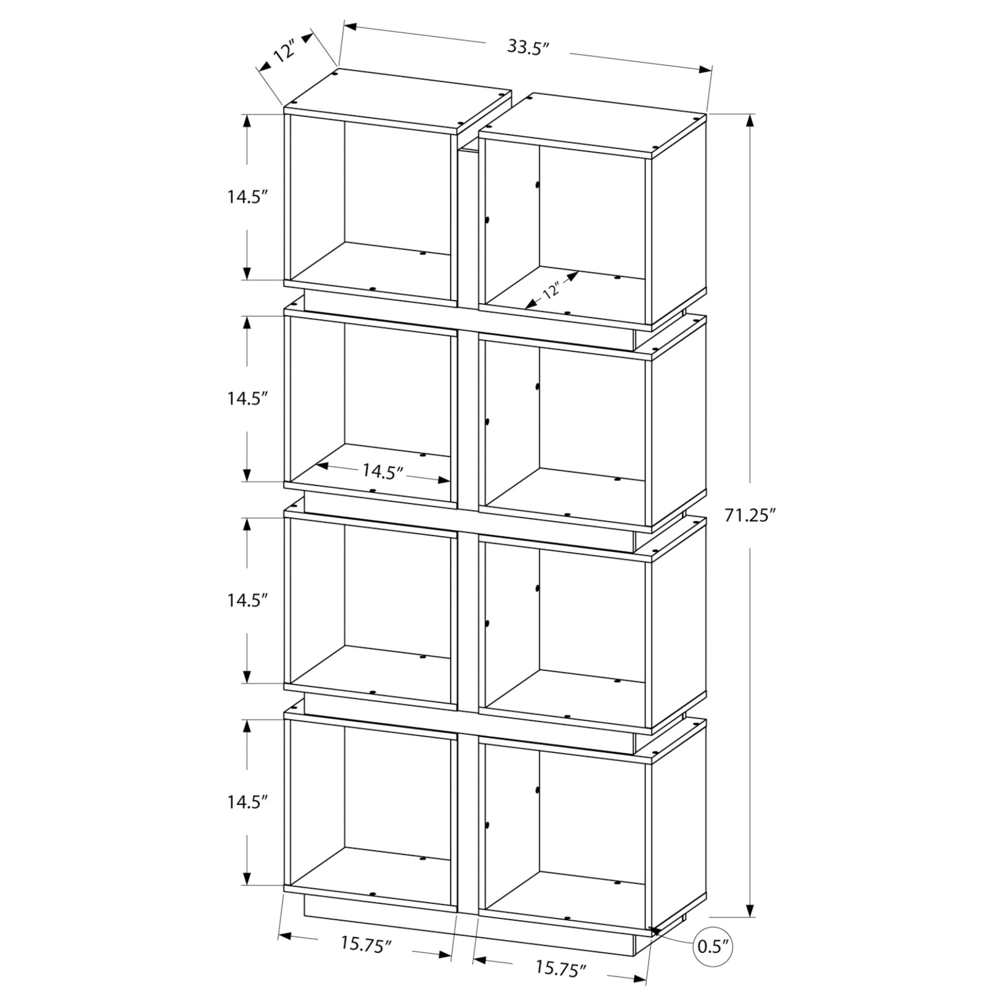 White and grey Monarch Specialties Luxfolio 71-inch bookcase with multiple shelves and open storage compartments.
