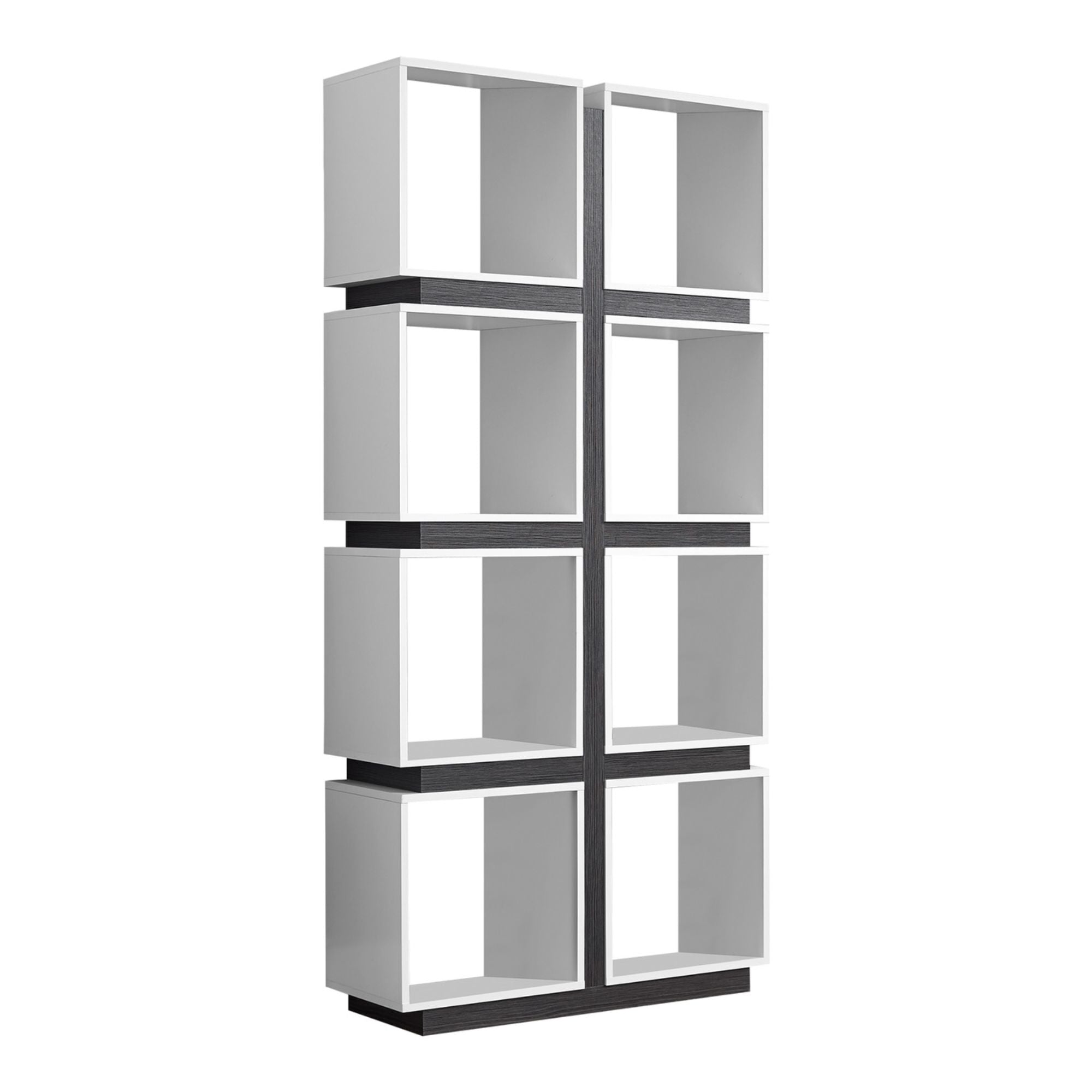 White and grey Monarch Specialties Luxfolio 71-inch bookcase with multiple shelves, showcasing a modern storage solution.