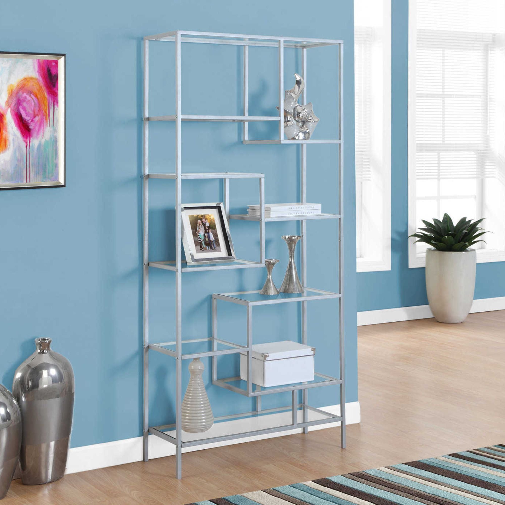 Monarch Specialties Storex 72-inch silver metal bookcase with tempered glass shelves, modern home or office storage solution.