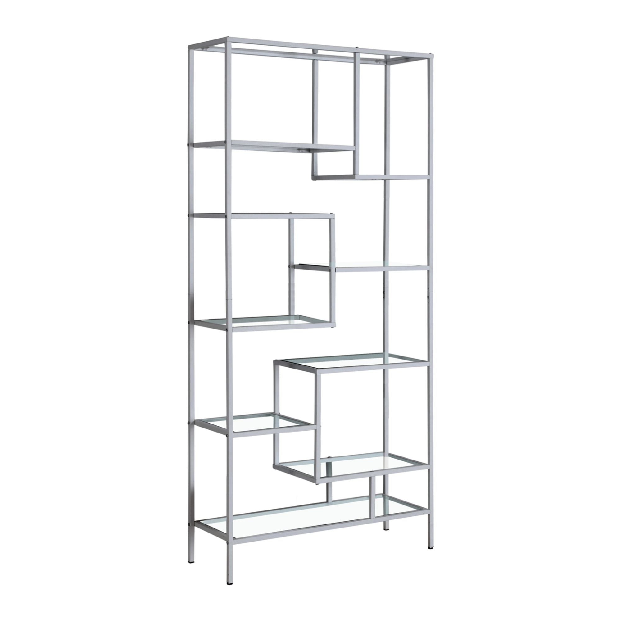 Monarch Specialties Storex 72-inch tall silver metal and tempered glass bookcase with multiple shelves for storage and display.