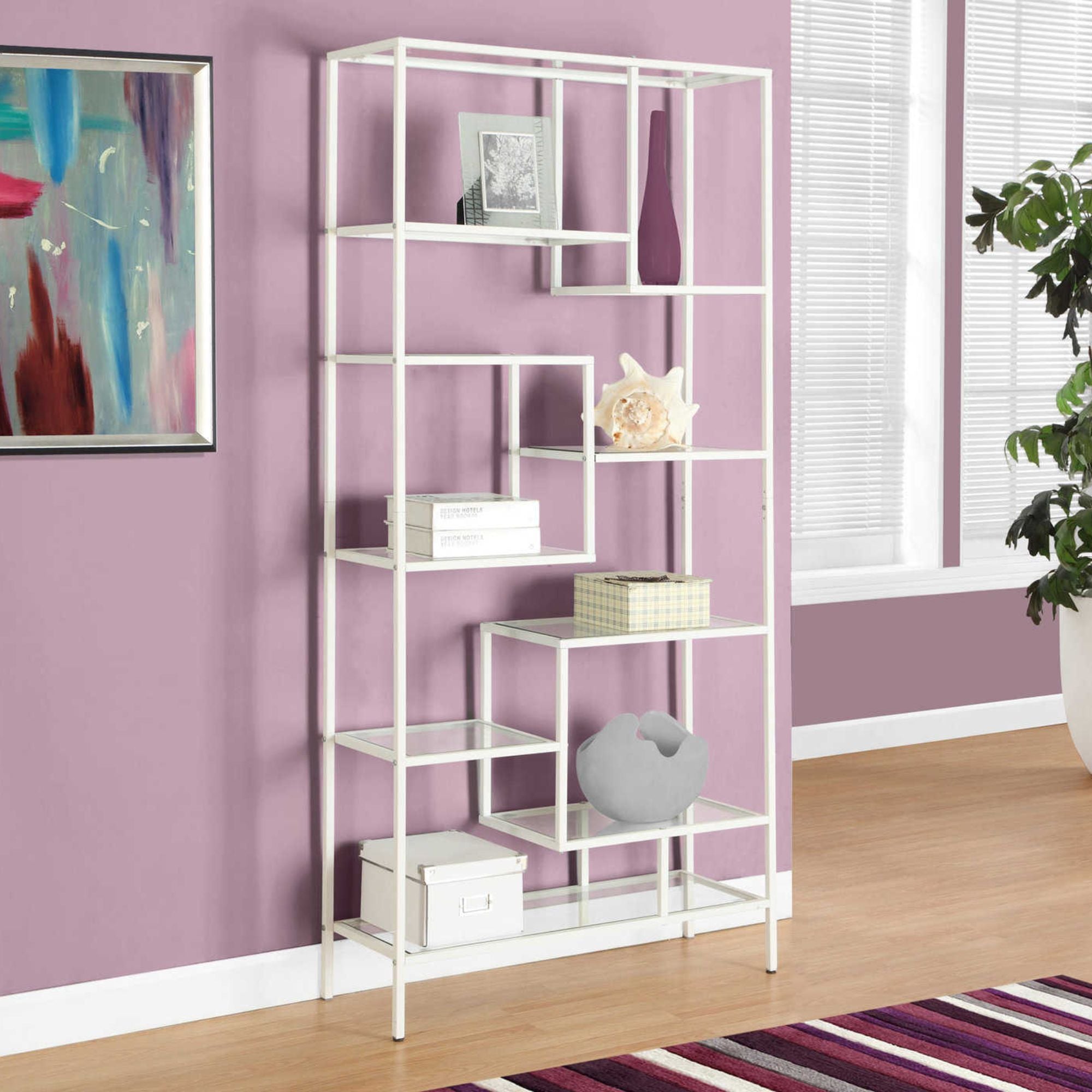 White metal and tempered glass bookcase by Monarch Specialties, 72 inches tall, with multiple shelves for storage and display.