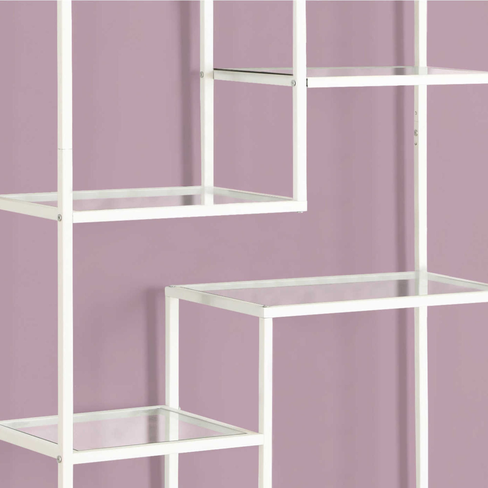 White metal and tempered glass bookcase measuring 72 inches tall by Monarch Specialties, showcasing multiple shelves for storage.