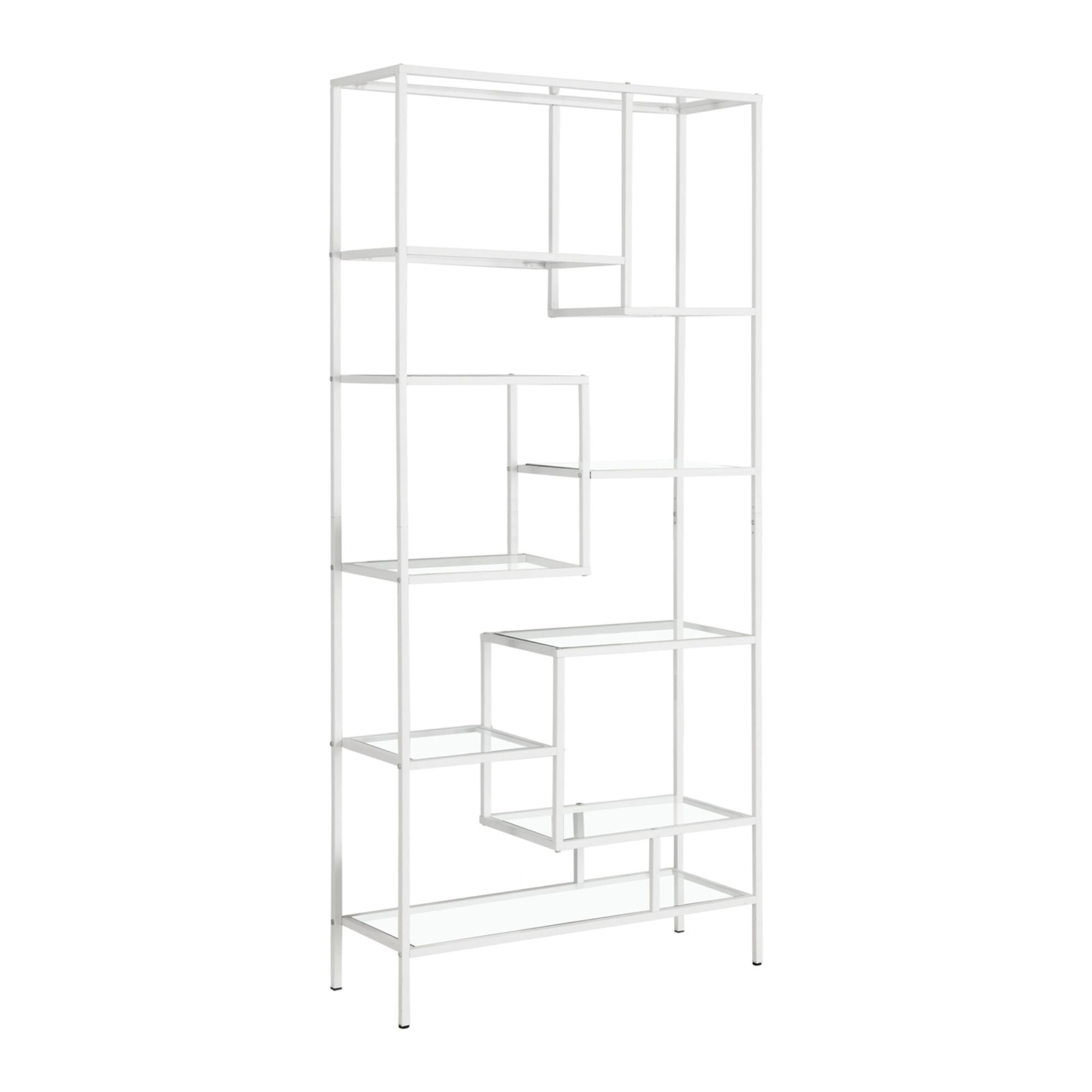 White metal and tempered glass bookcase by Monarch Specialties, 72 inches tall with multiple shelves for storage and display.