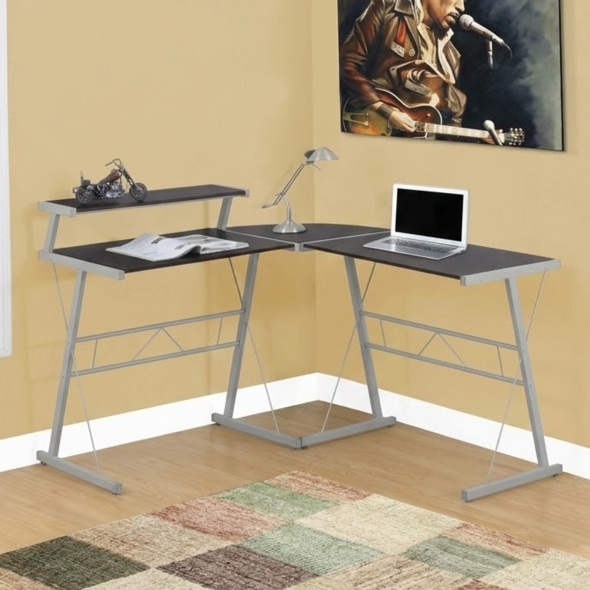 L-shaped office computer desk with espresso wood top and silver metal frame by Monarch Specialties.