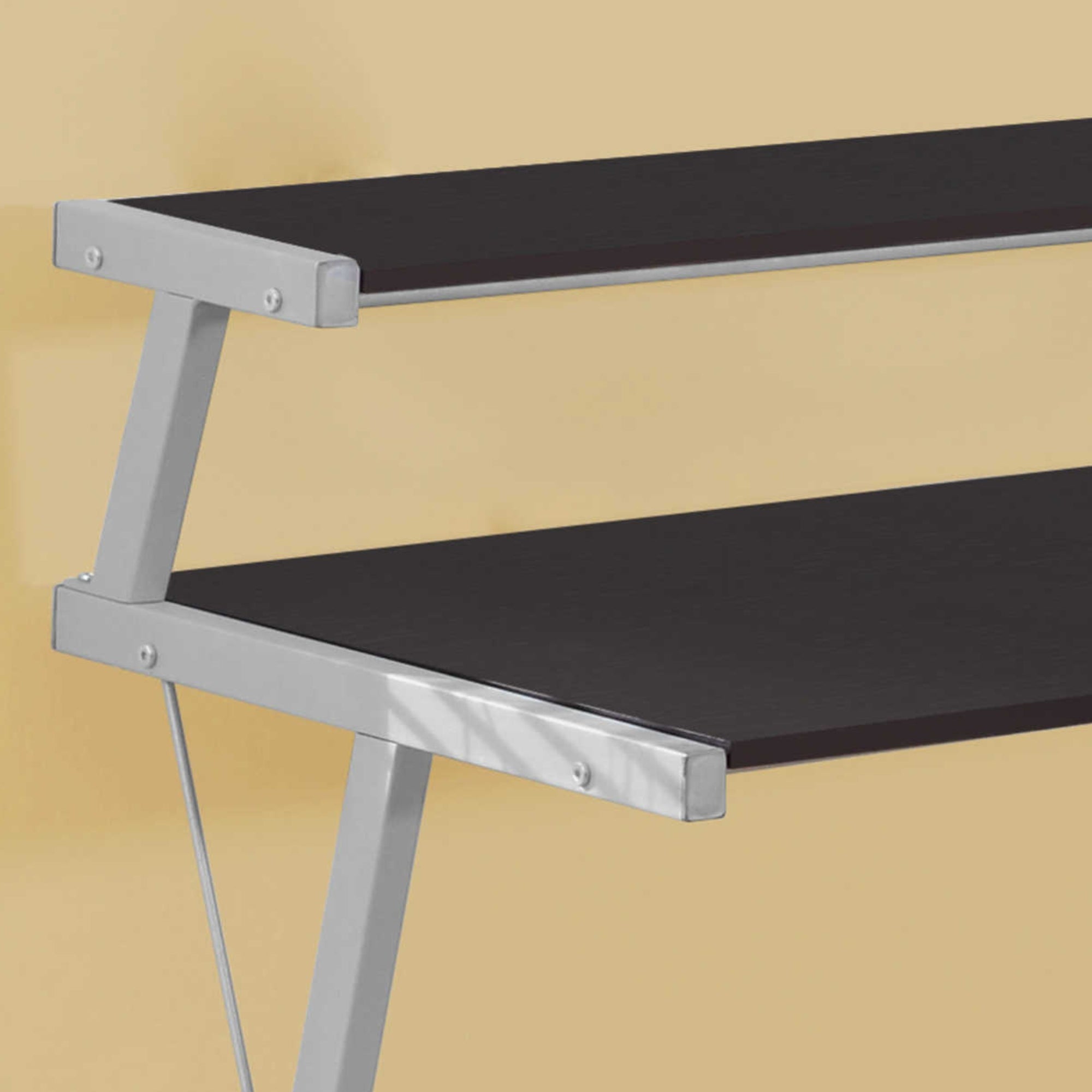 L-shaped office computer desk with espresso wood top and silver metal frame by Monarch Specialties