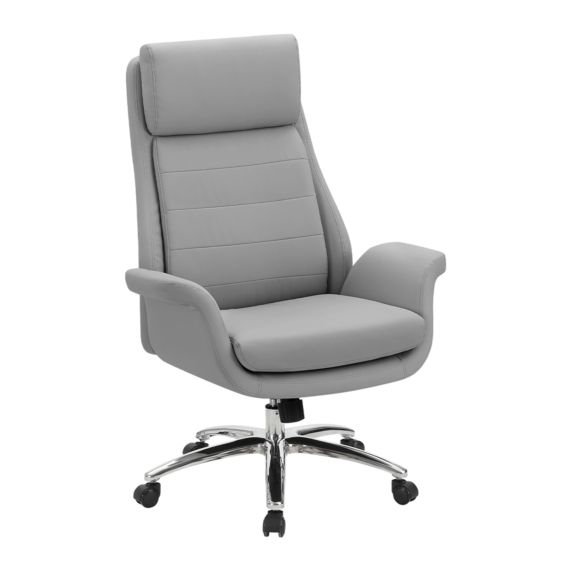 Light grey Orion leather-look executive office chair by Monarch Specialties with padded armrests and modern design.