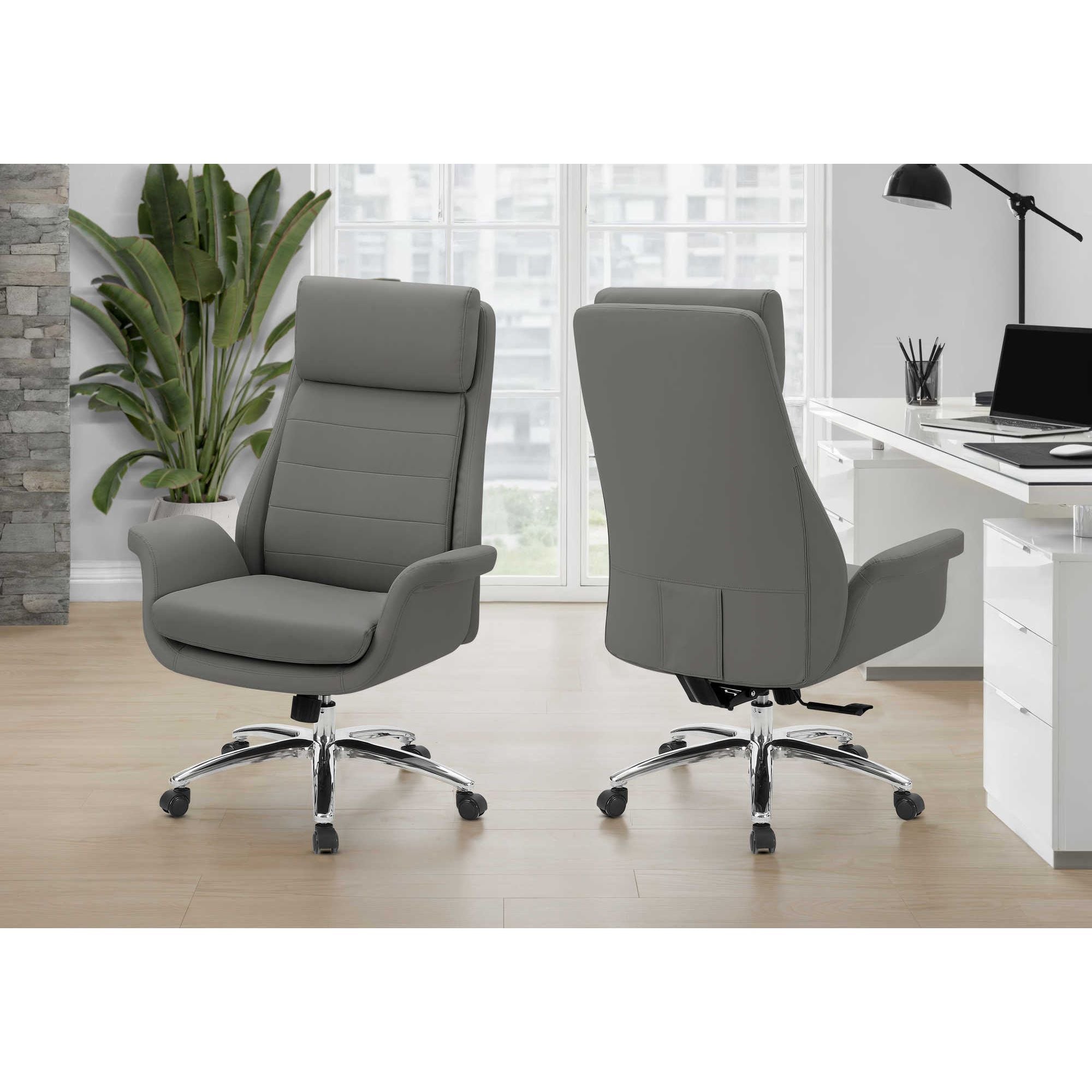 Dark grey Orion leather-look executive office chair by Monarch Specialties with padded armrests and modern design.