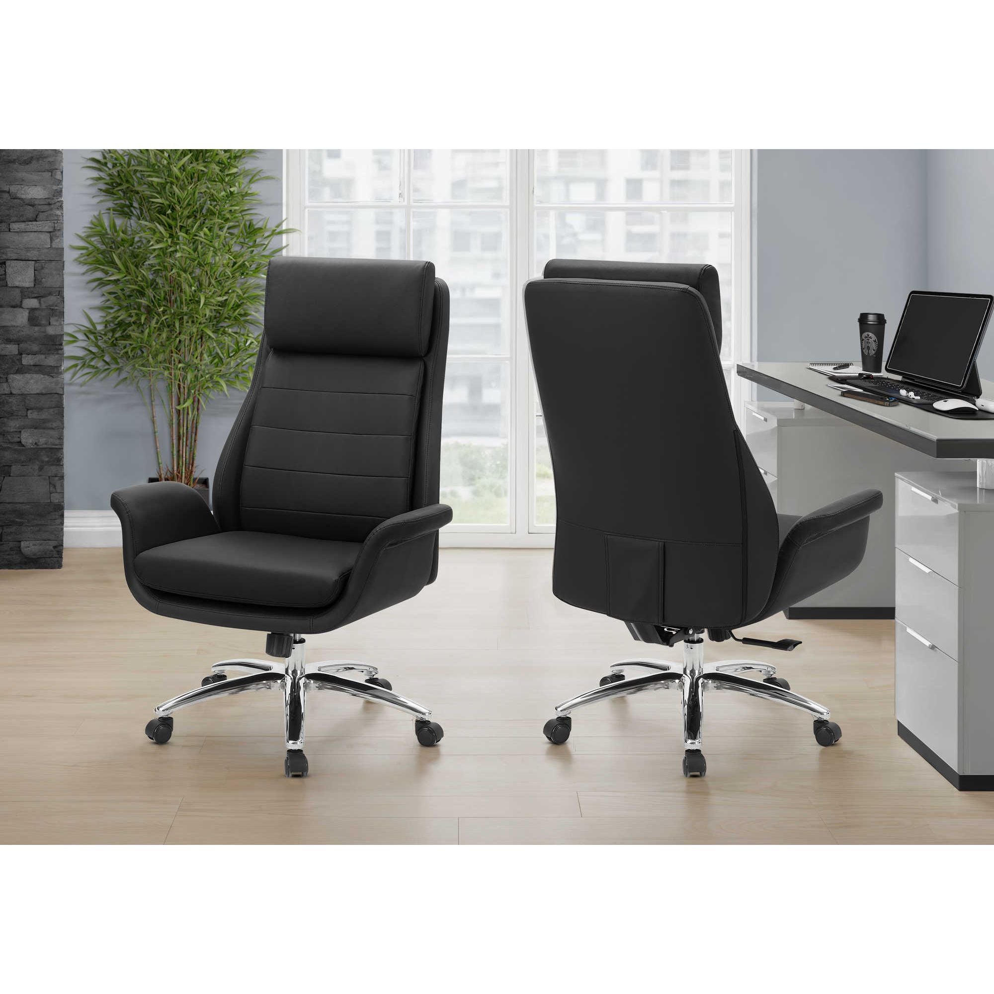 Black Orion leather-look executive office chair by Monarch Specialties with padded armrests and modern design.
