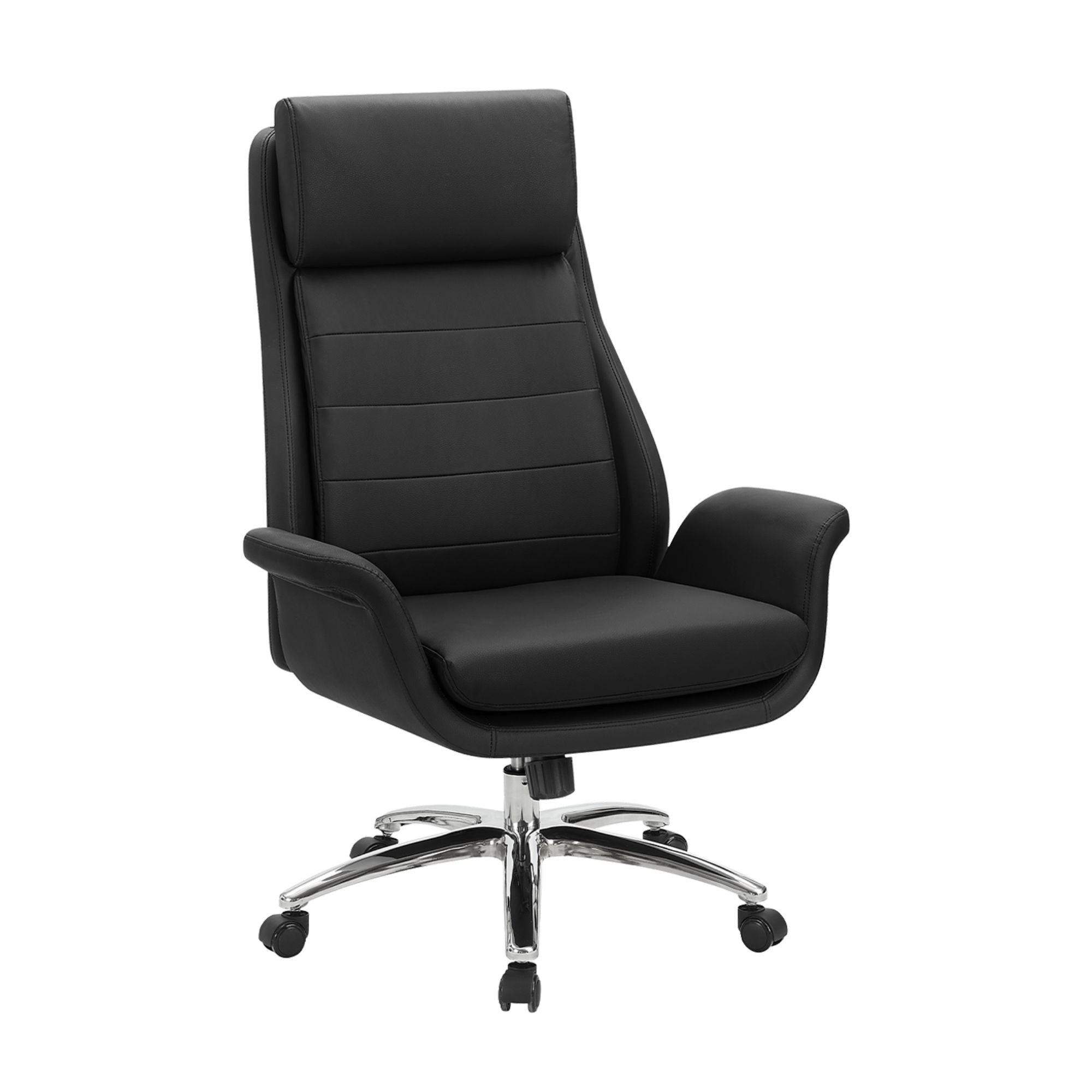 Black Orion leather-look executive office chair by Monarch Specialties with cushioned seat and backrest, on a swivel base.