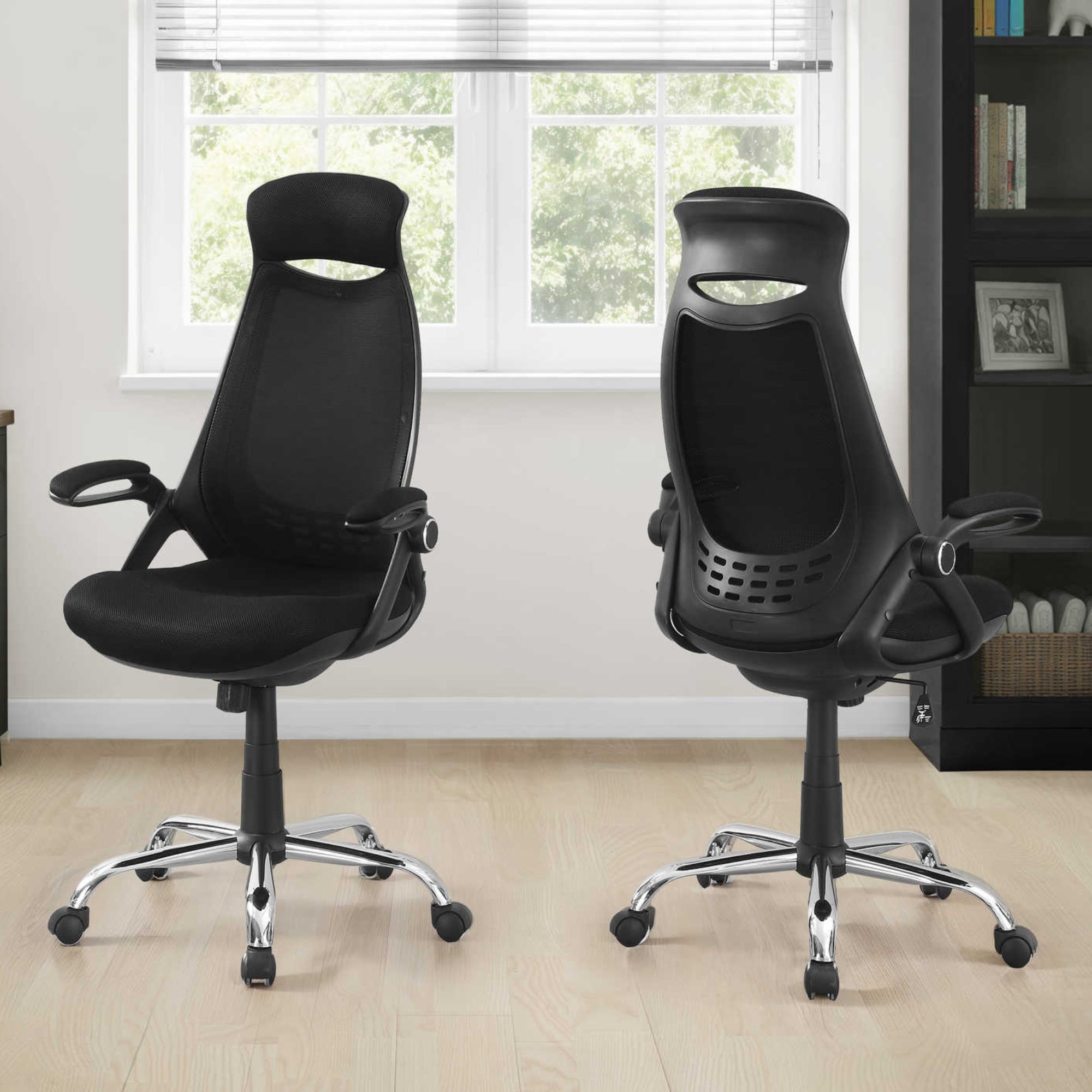 Black executive high-back mesh office chair by Monarch Specialties with ergonomic design and adjustable armrests.