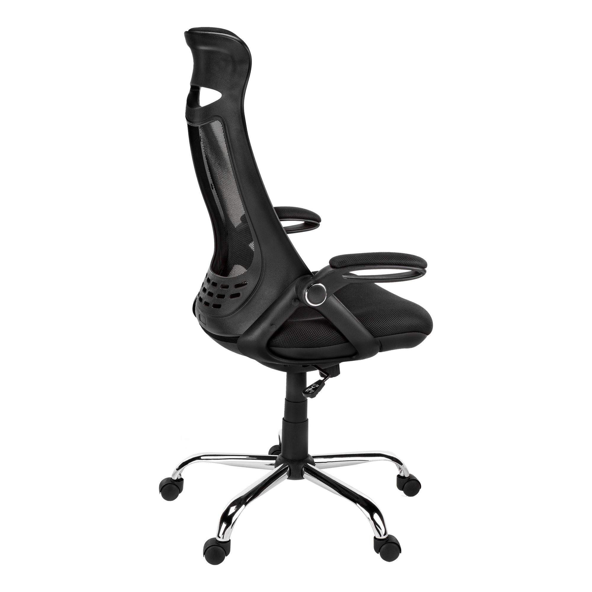 Black Monarch Specialties executive high-back mesh office chair with armrests and adjustable height, ideal for ergonomic workspace comfort.
