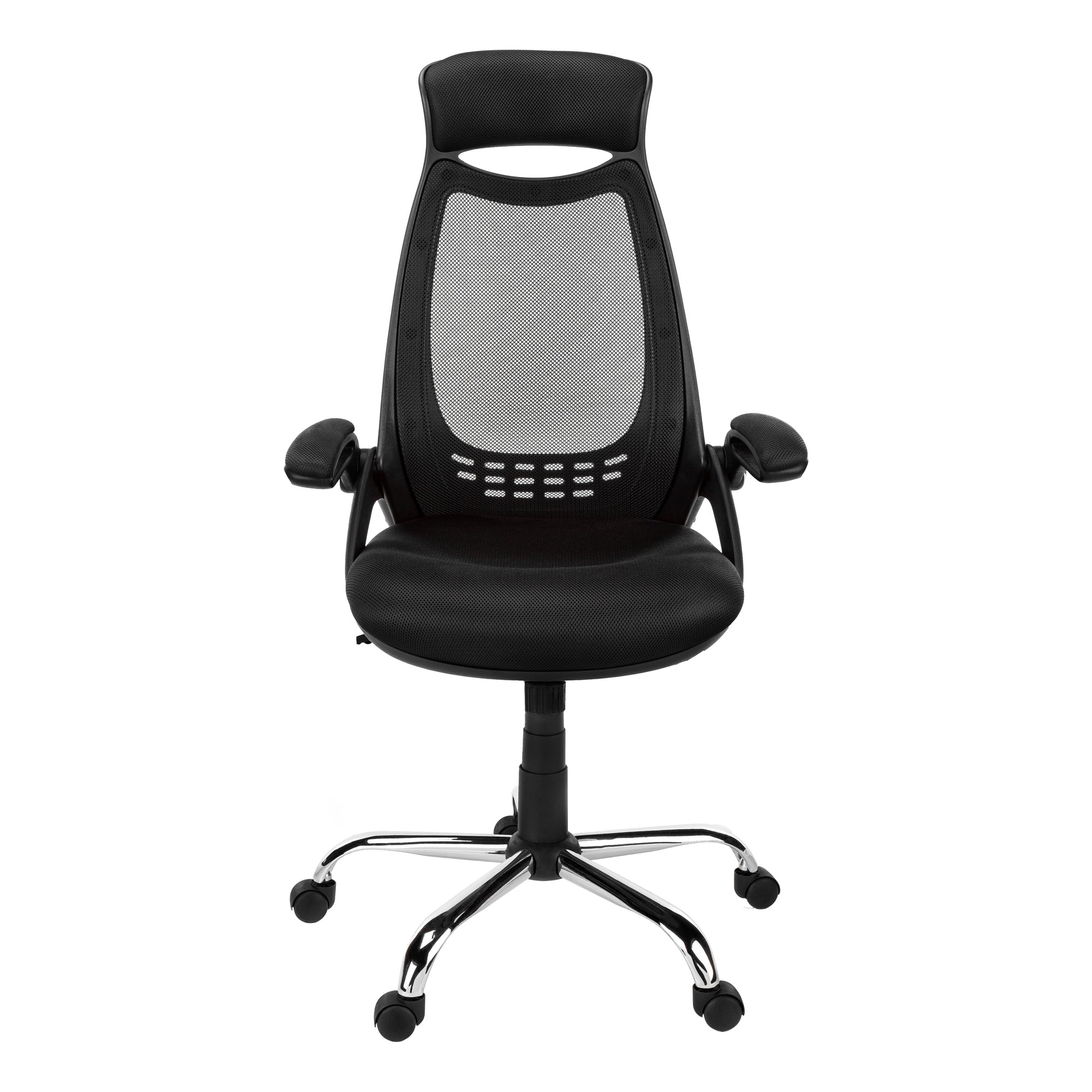 Black Monarch Specialties executive high-back mesh office chair with armrests and ergonomic design.