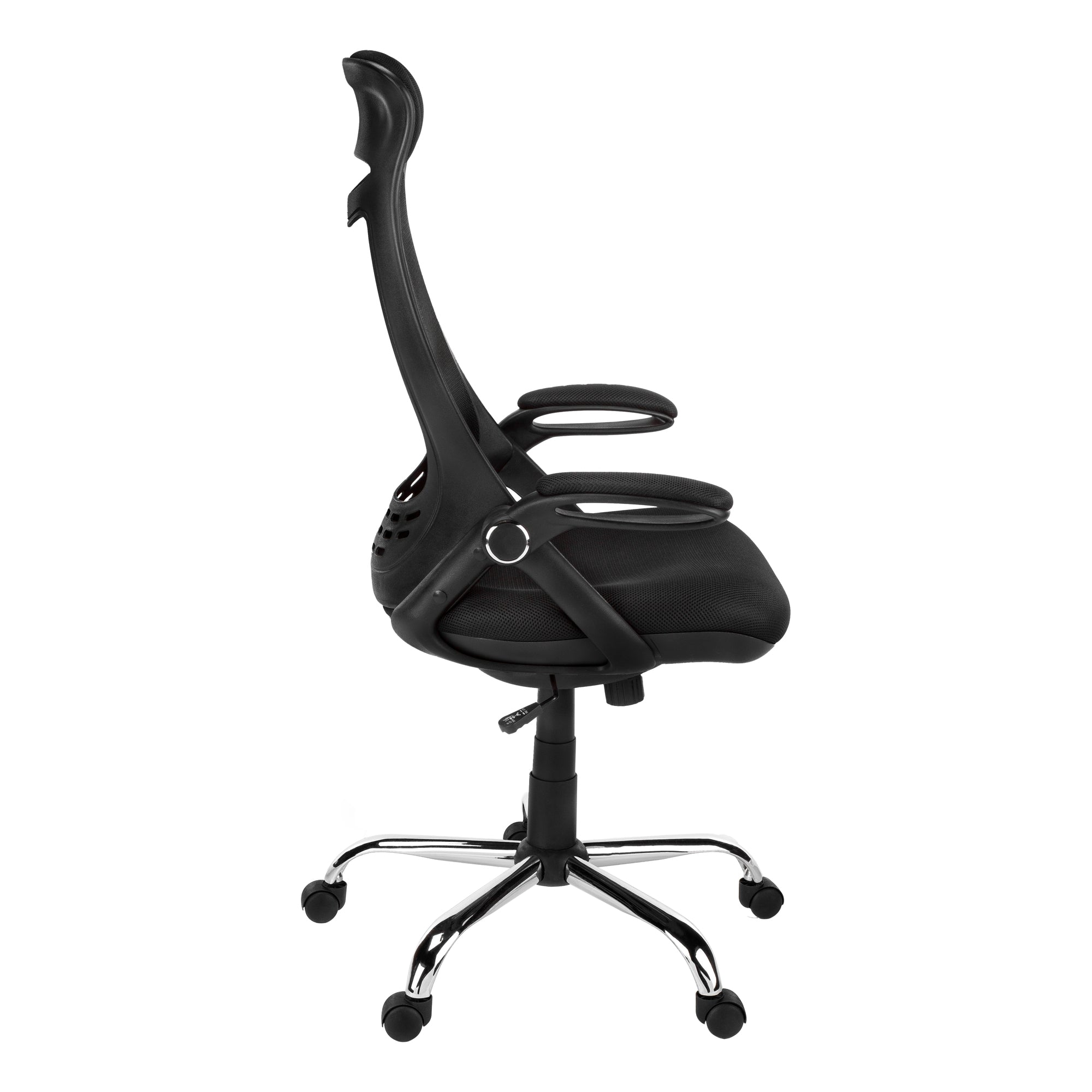 Black Monarch Specialties executive high-back mesh office chair with adjustable headrest and armrests, ergonomic design for comfort.