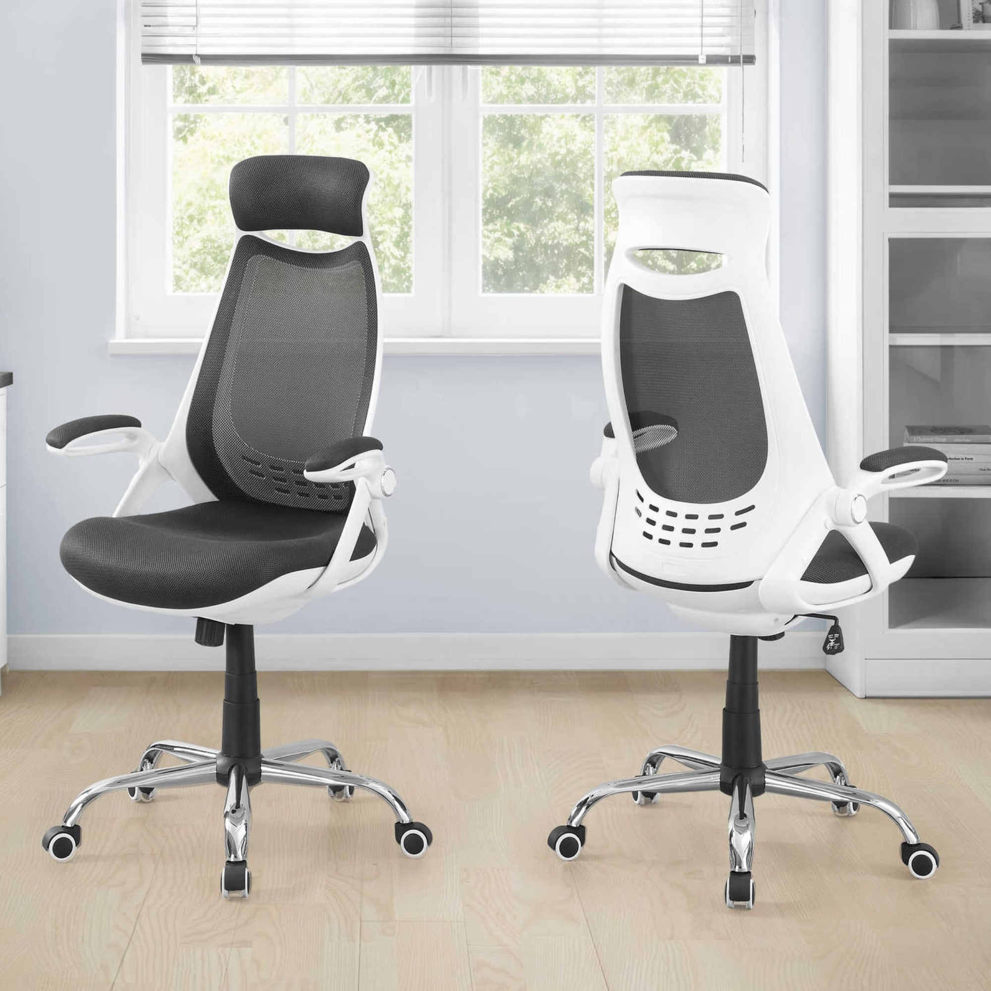 White Monarch Specialties executive high-back mesh office chair with padded armrests and ergonomic design.