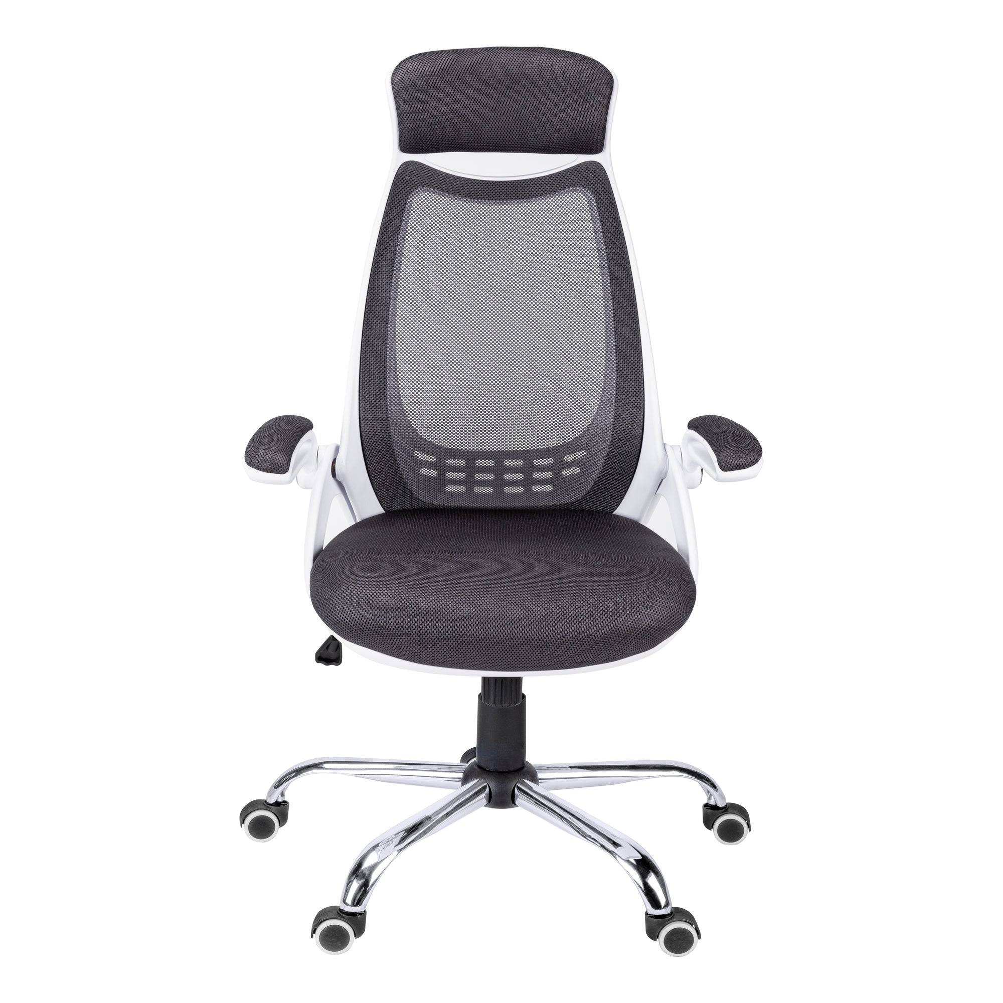 White Monarch Specialties executive high-back mesh office chair with cushioned seat and lumbar support, shown from a side angle.