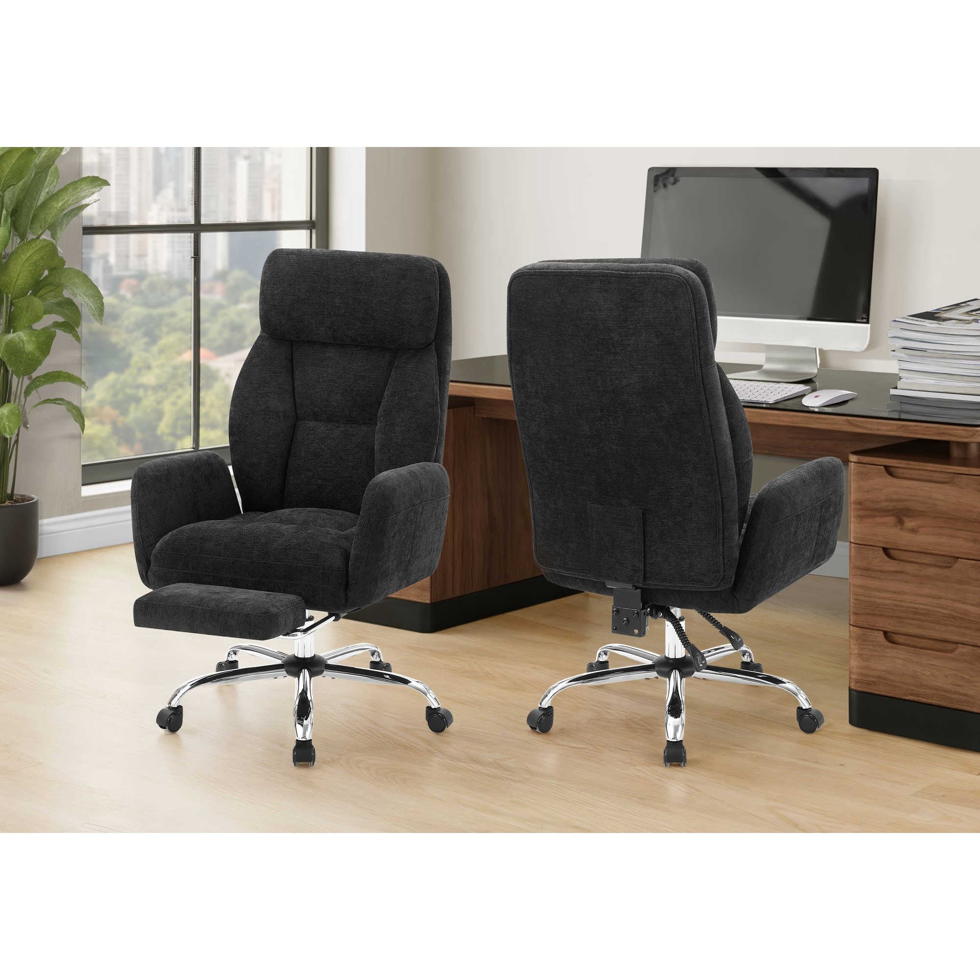 Black fabric Apex reclining office chair by Monarch Specialties with padded armrests and ergonomic design for comfort.
