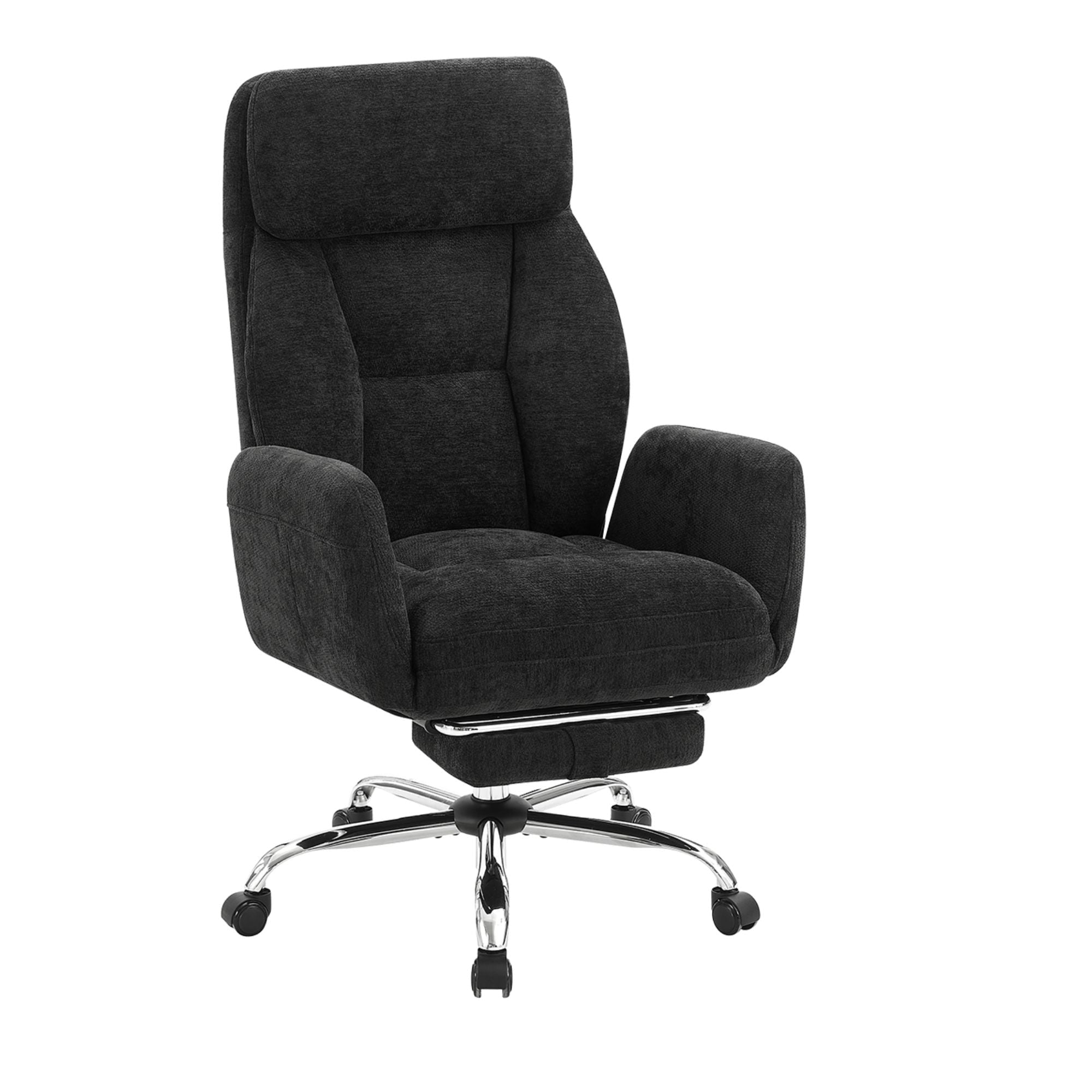 Black fabric Apex reclining executive office chair by Monarch Specialties with padded armrests and adjustable features.