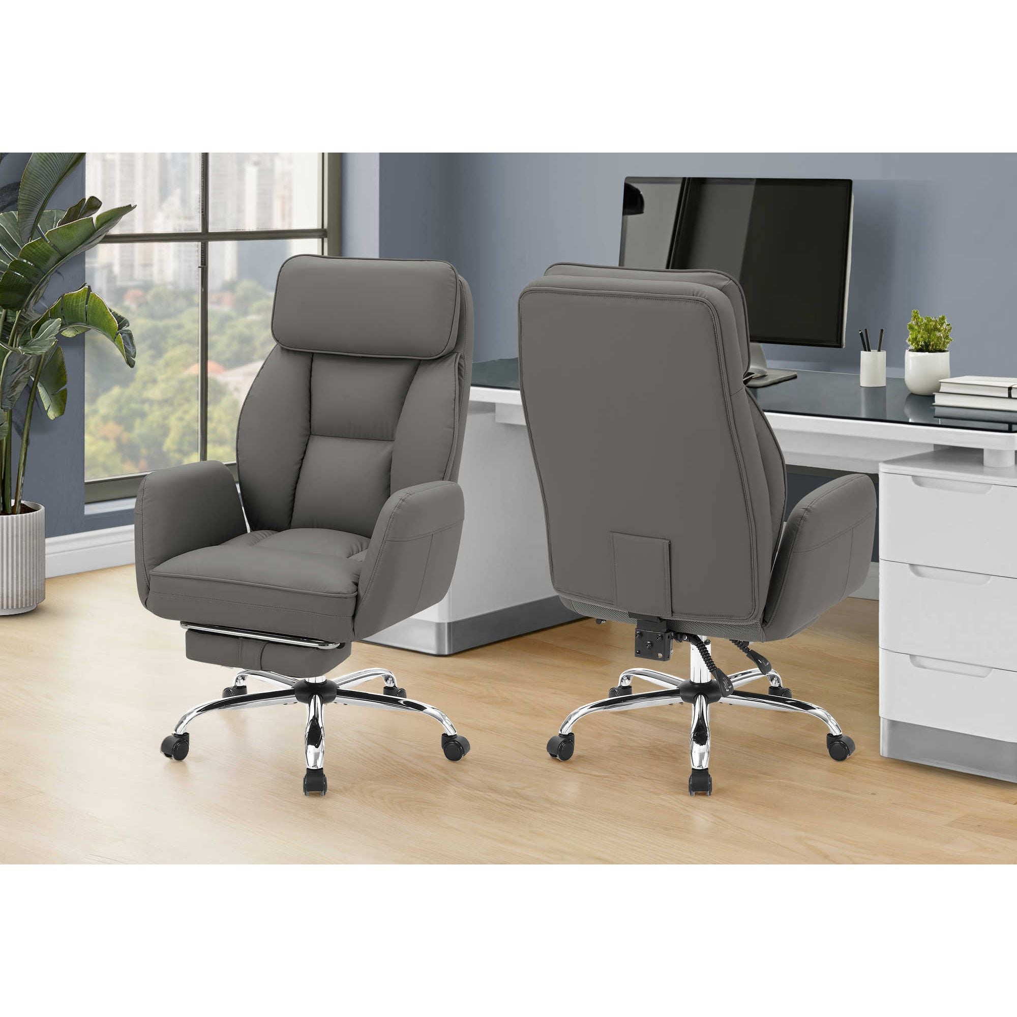 Dark grey leather-look Apex reclining executive office chair by Monarch Specialties with padded armrests and adjustable height.