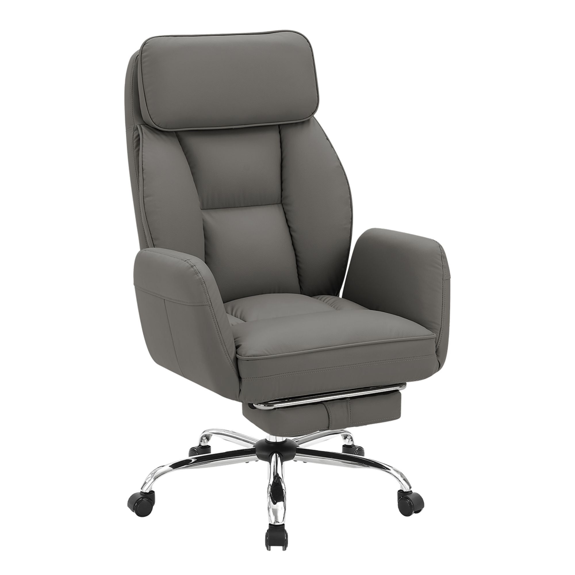 Dark grey leather-look Apex reclining office chair by Monarch Specialties, featuring padded armrests and adjustable tilt.