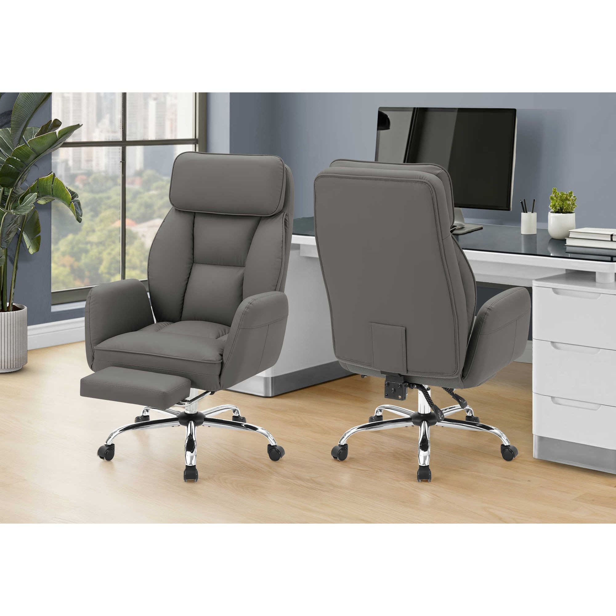 Dark grey leather-look Apex reclining executive office chair by Monarch Specialties with padded armrests and adjustable tilt.
