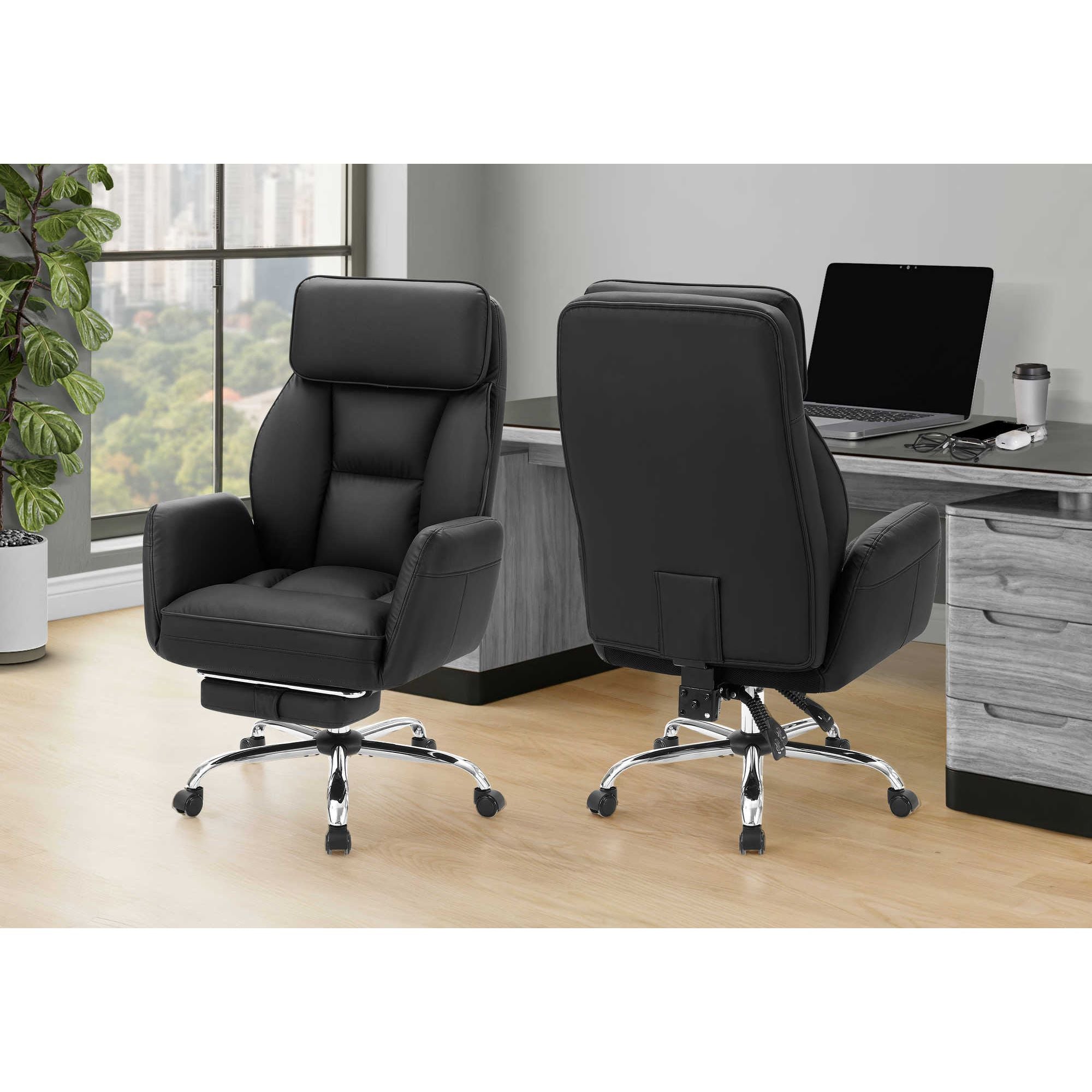 Black leather-look Apex reclining executive office chair by Monarch Specialties featuring padded armrests and adjustable height.