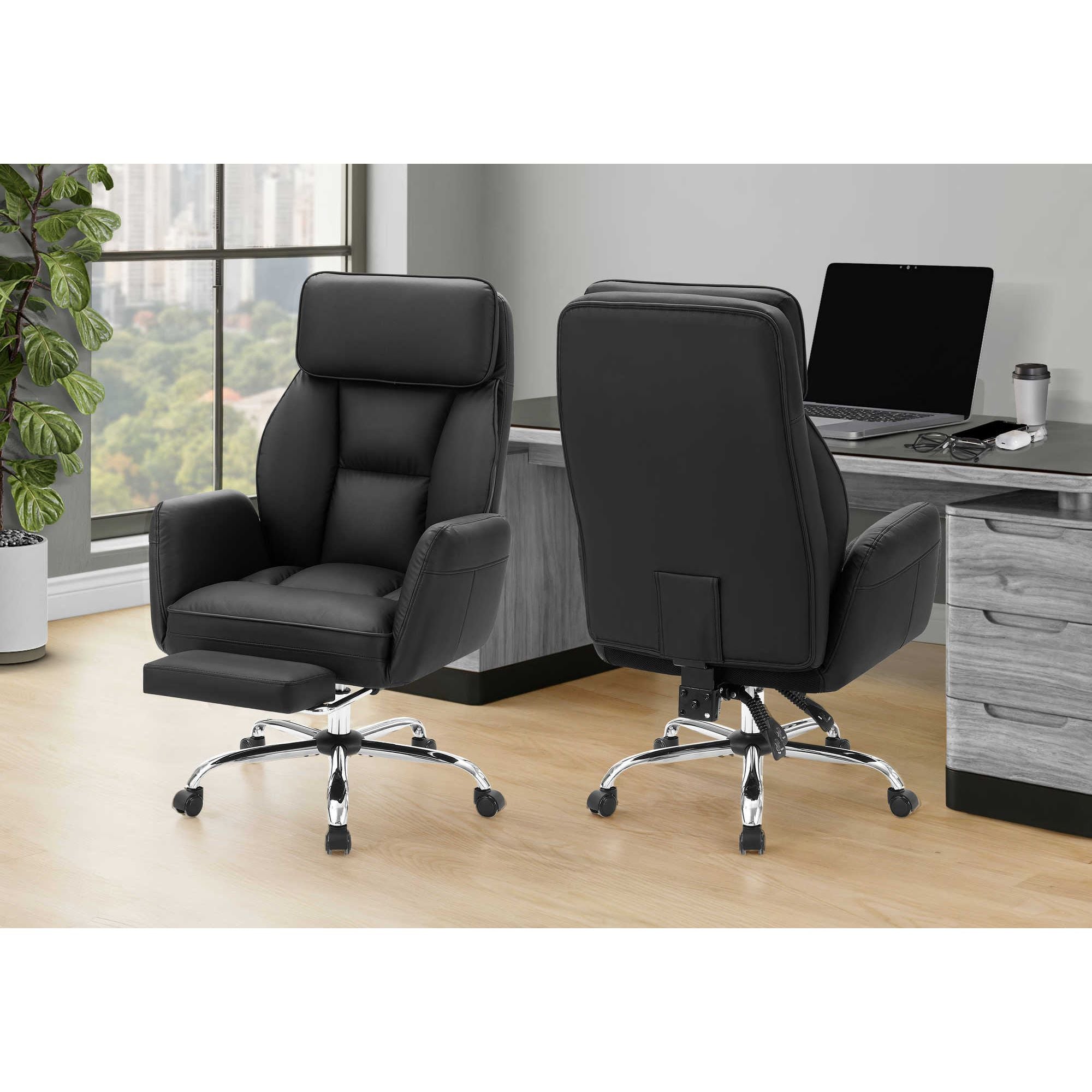 Black leather-look Apex reclining executive office chair by Monarch Specialties with padded armrests and adjustable features.