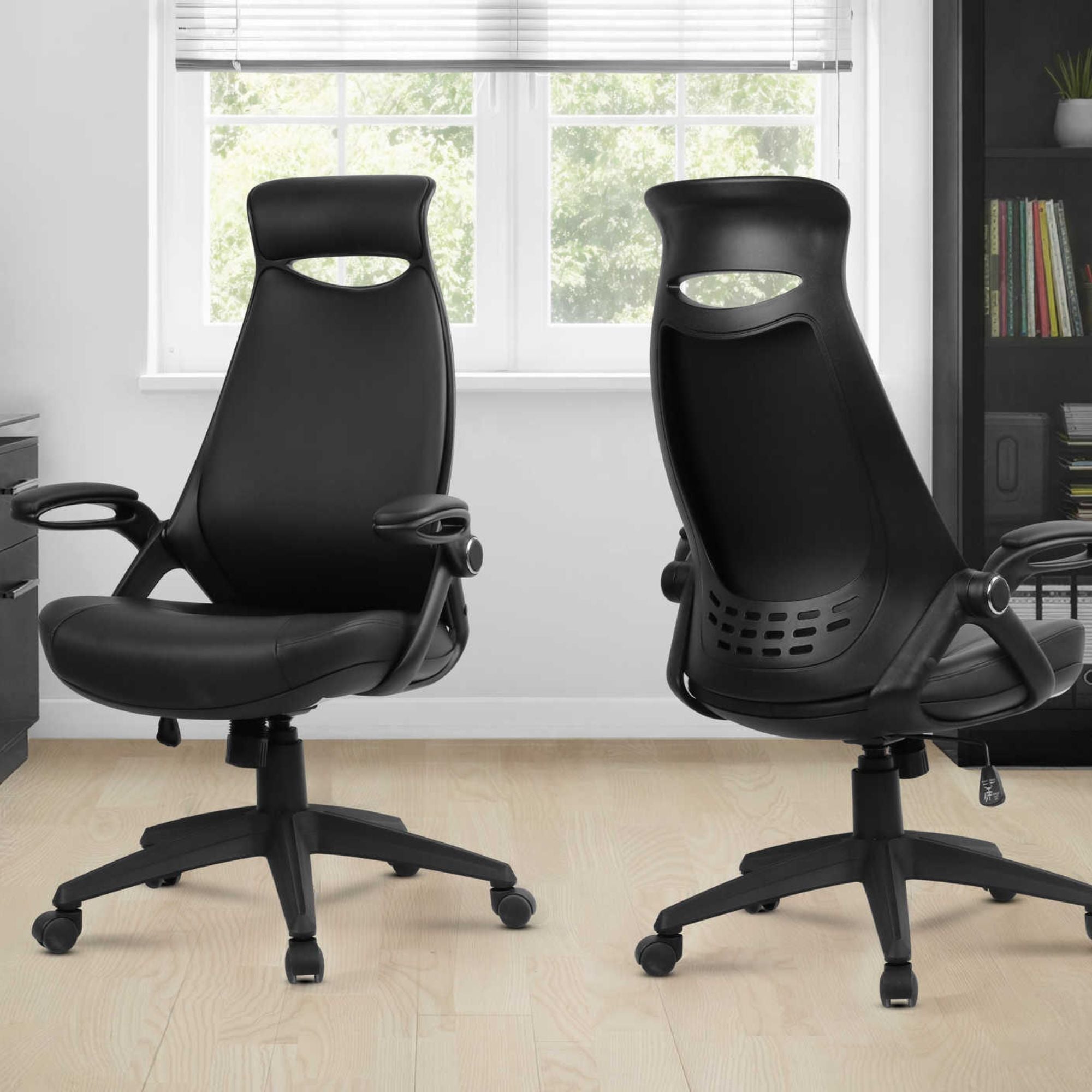 Black leatherlook executive high-back office chair with padded armrests and chrome base by Monarch Specialties