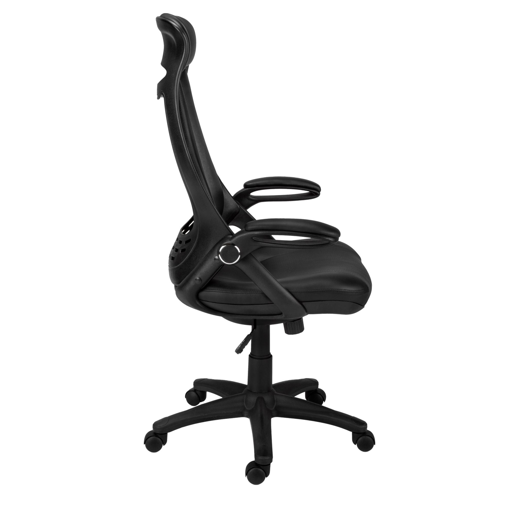 Black executive high-back leatherlook office chair by Monarch Specialties with padded armrests and swivel base.