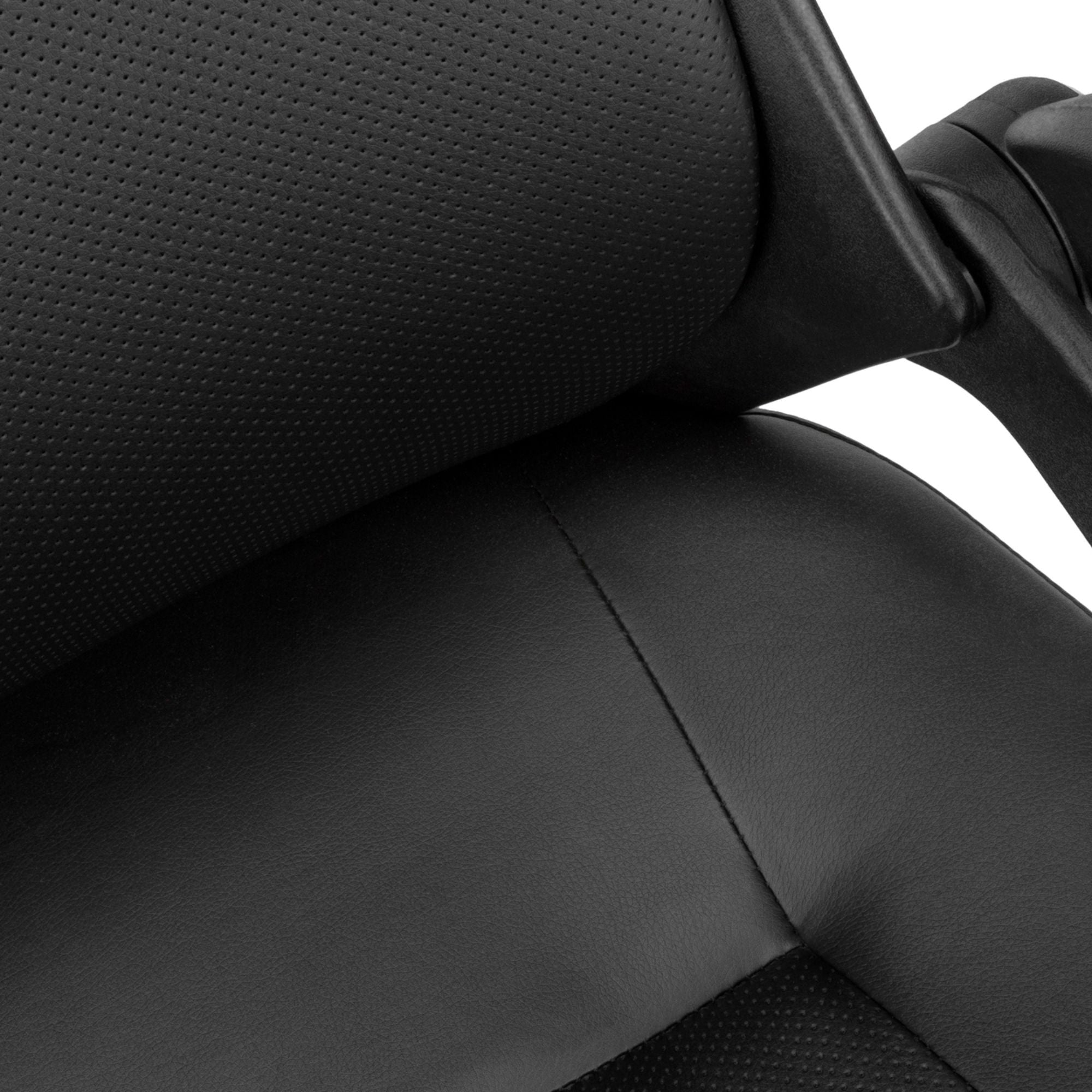 Black leatherlook executive high-back office chair with padded armrests and swivel base by Monarch Specialties.