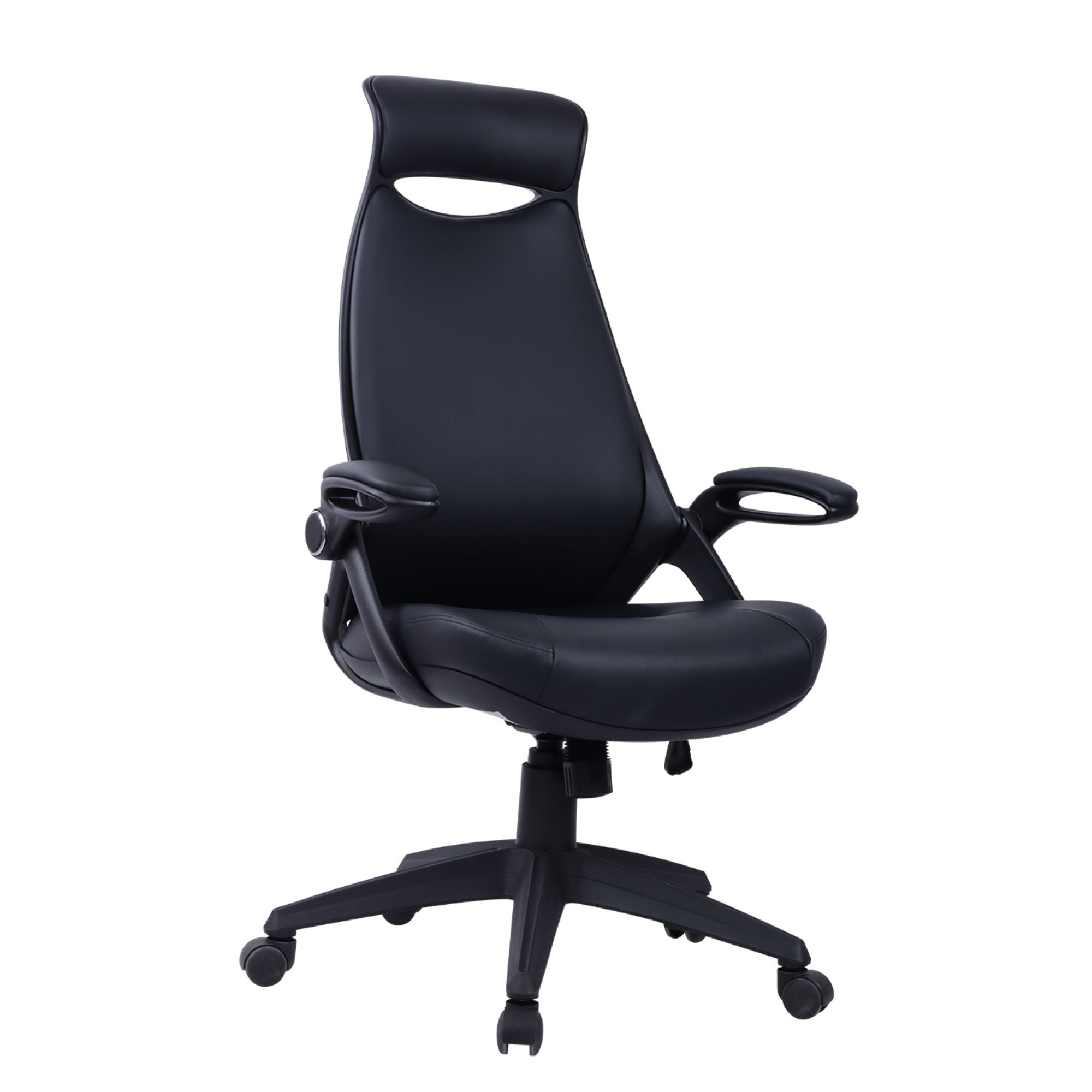 Black leatherlook executive high-back office chair with armrests and swivel base from Monarch Specialties, designed for comfort and style.