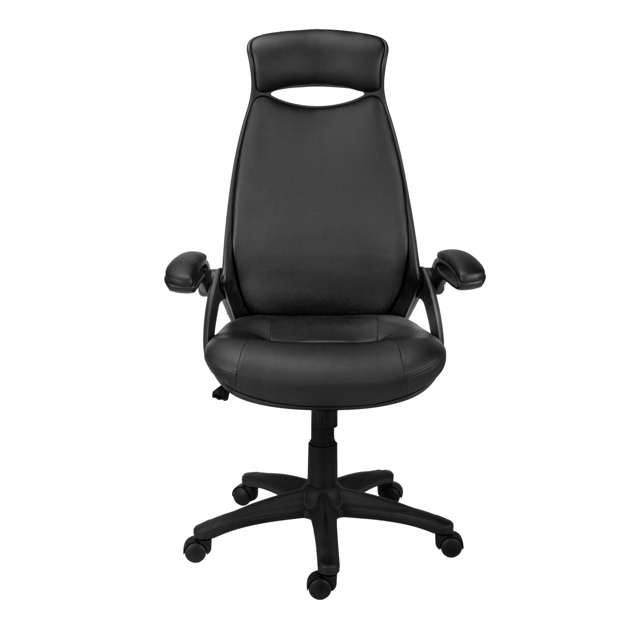 Black leatherlook executive high-back office chair with armrests and chrome base, designed for comfort and style by Monarch Specialties.