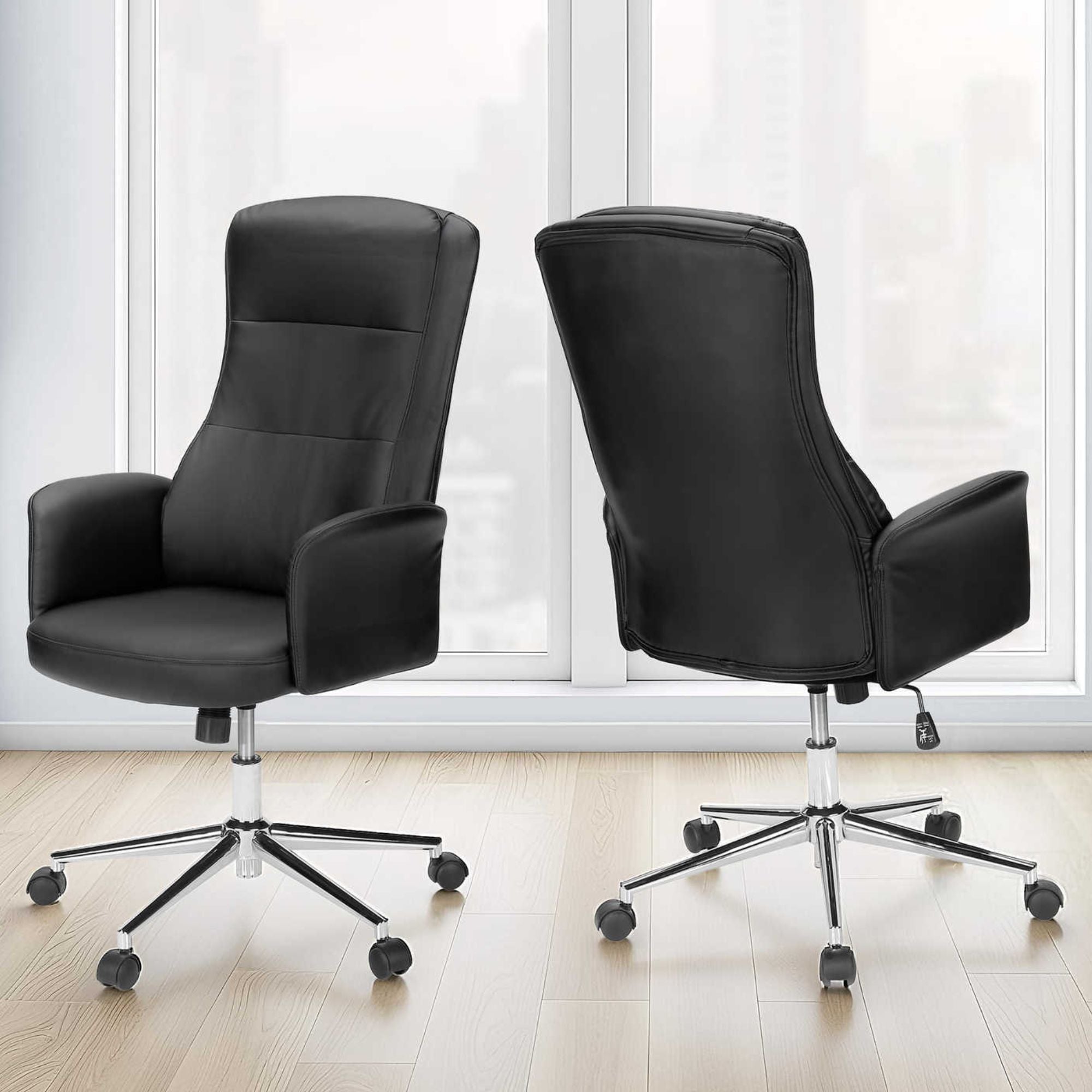 Black leather-look executive office chair from Monarch Specialties featuring a comfortable design and adjustable armrests.