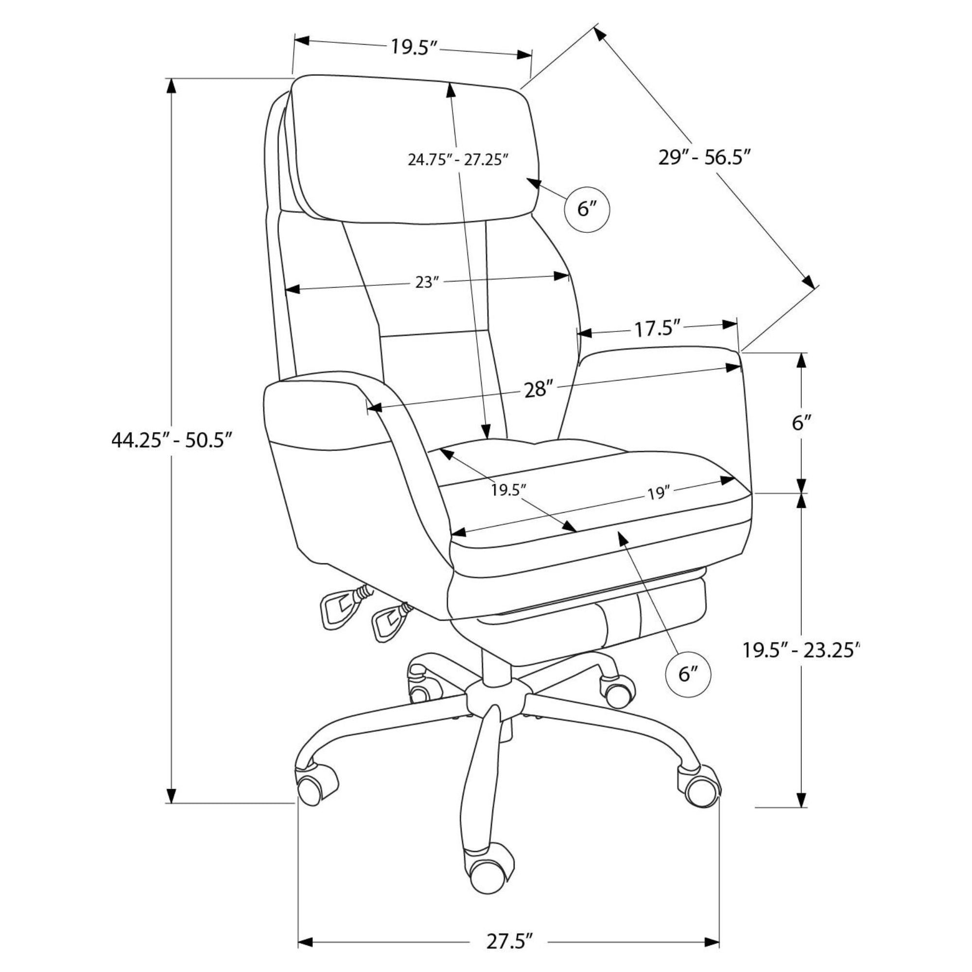 Black fabric Apex reclining executive office chair by Monarch Specialties with padded armrests and adjustable height.