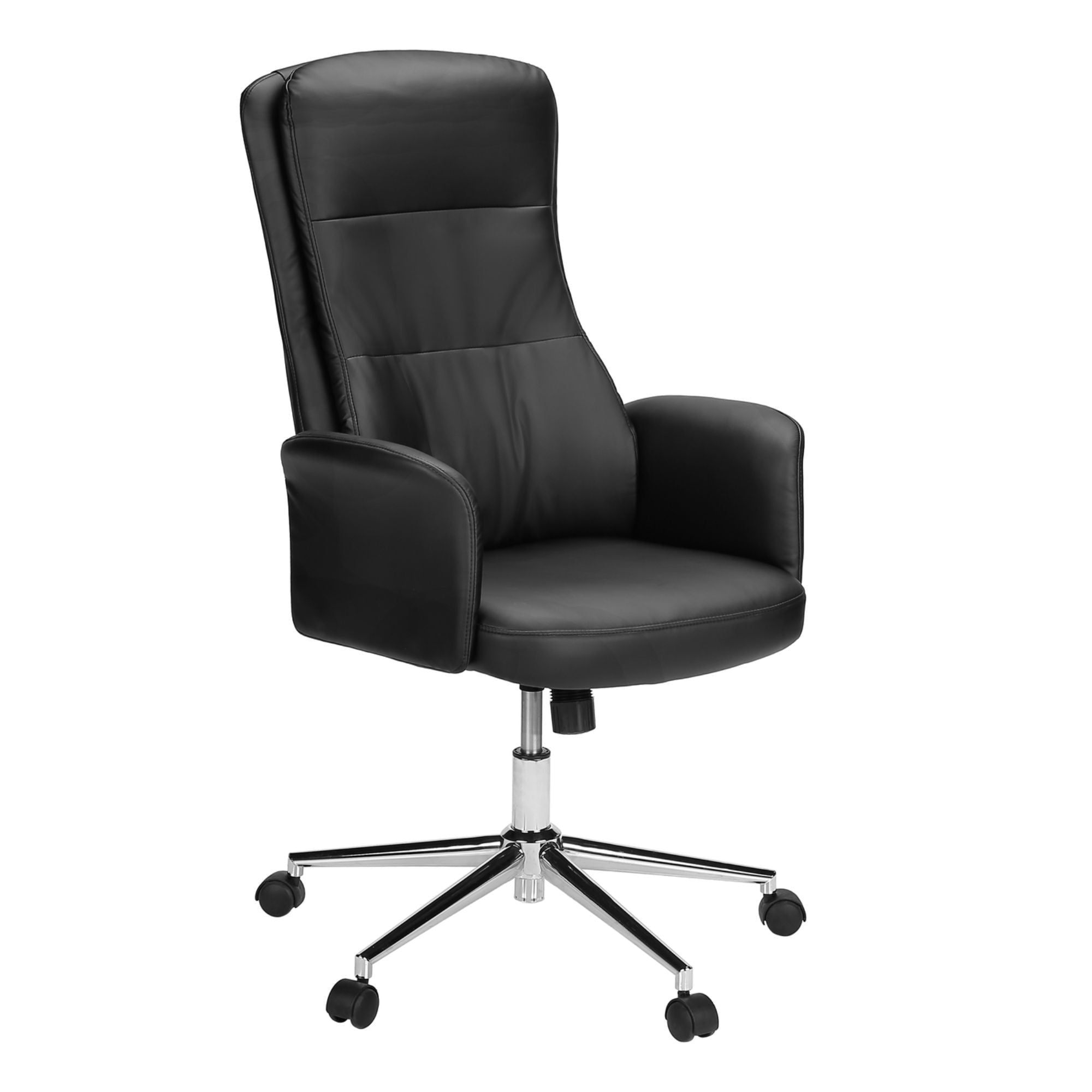 Black leather-look executive office chair with adjustable height and armrests, designed for comfort and style in workspaces.