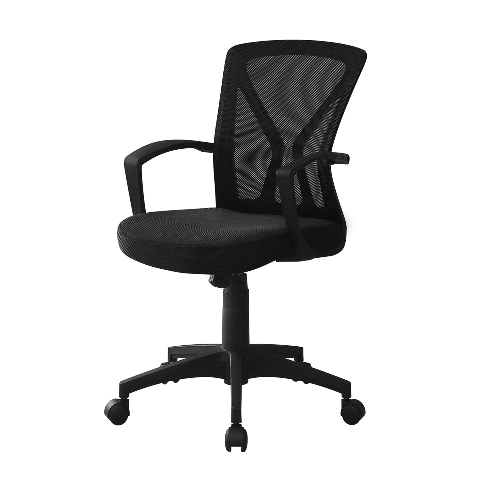 Black modern mid-back office chair by CastleUp Experience Centre, featuring ergonomic design and cushioned seating.