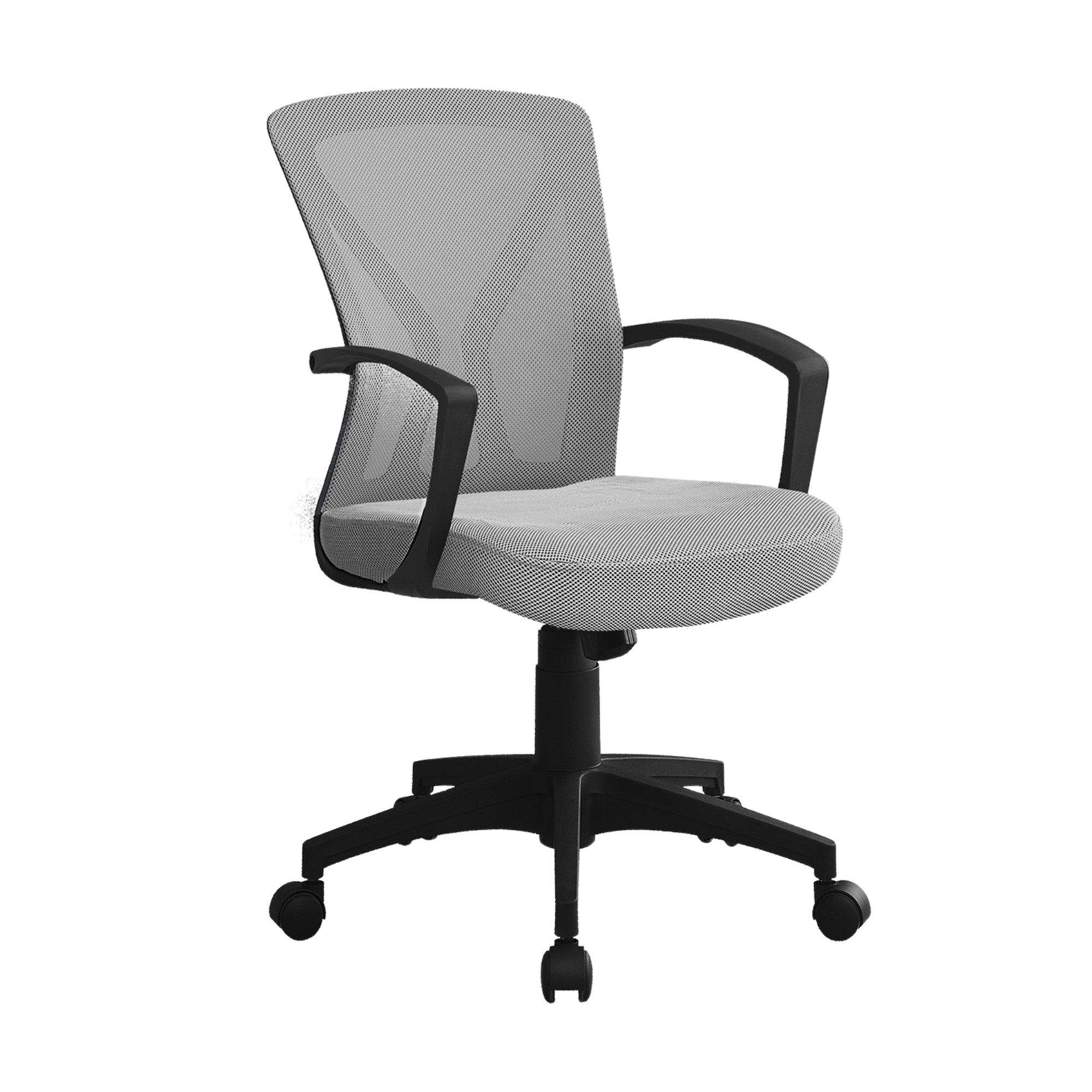 Modern grey mid-back office chair from CastleUp Experience Centre, featuring ergonomic design and cushioned seating.