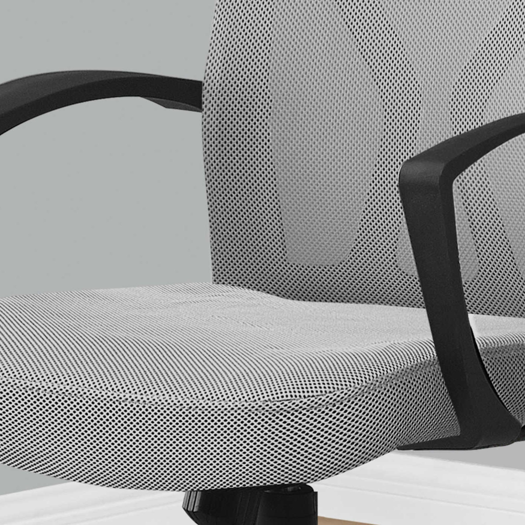 Grey modern mid-back office chair by CastleUp Experience Centre, featuring ergonomic design and cushioned support.
