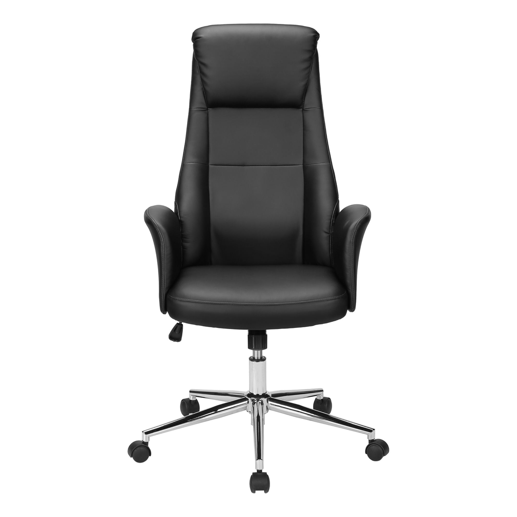Black leather-look high-back executive office chair by Monarch Specialties, with padded armrests and ergonomic design.