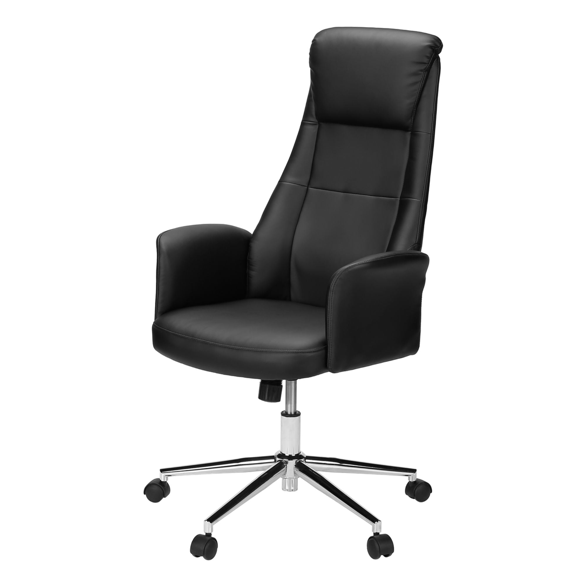 Black leather-look high-back executive office chair with armrests and adjustable height by Monarch Specialties.