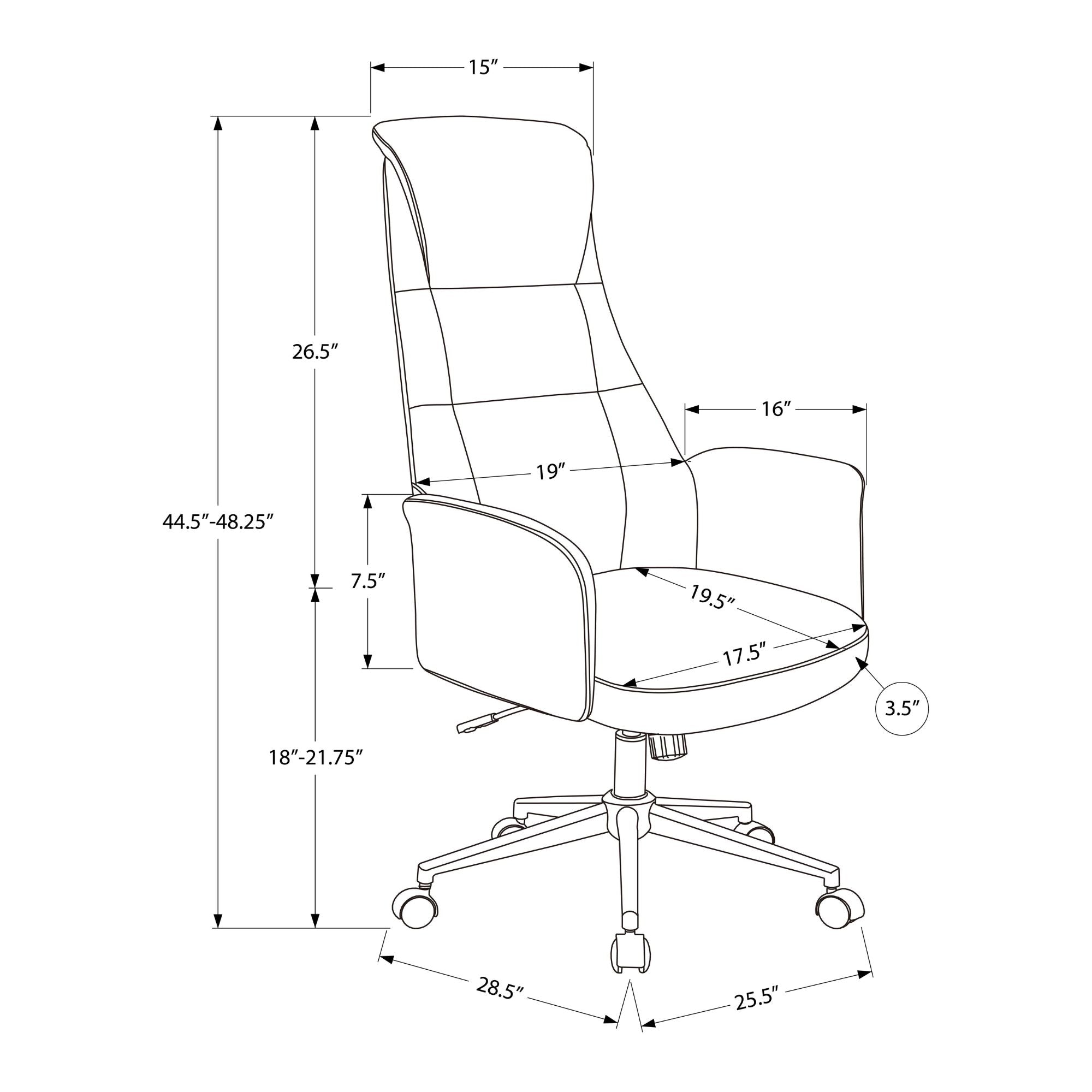 Black leather-look high-back executive office chair by Monarch Specialties with padded armrests and adjustable height.