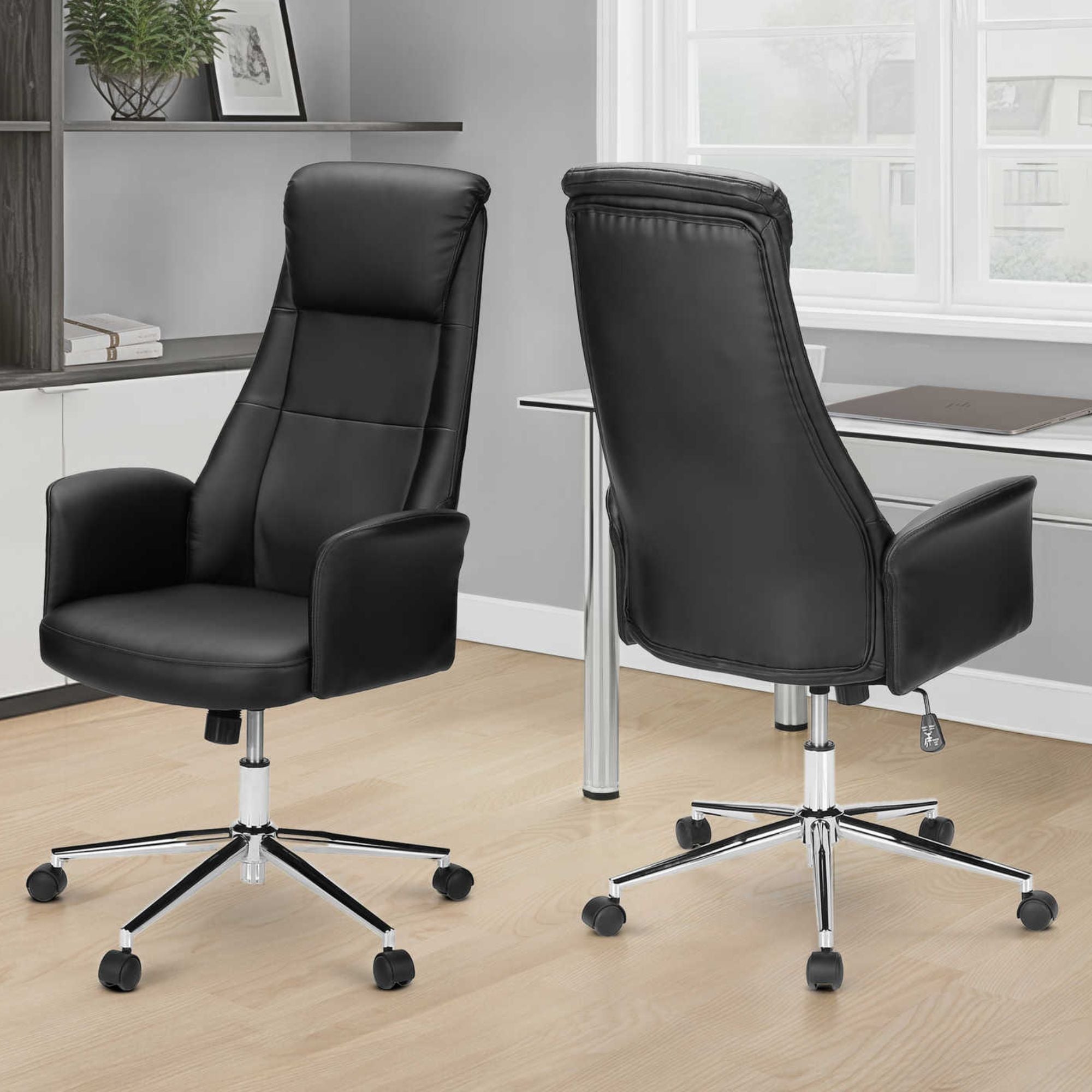 Black leather-look high-back executive office chair with armrests from Monarch Specialties, featuring a padded headrest and ergonomic design.
